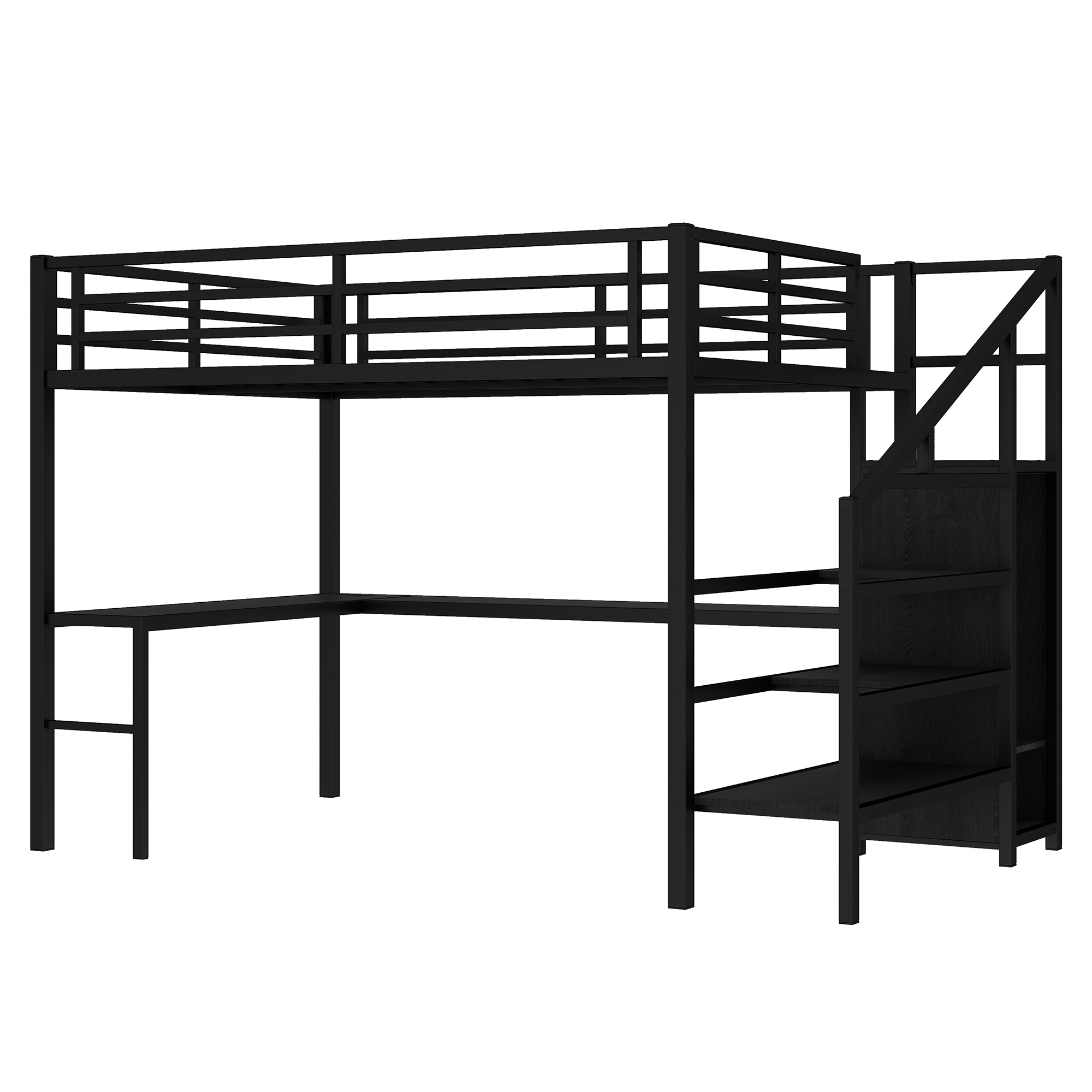 Queen Size Loft Bed with L-shaped Desk and USB, Metal Loft Bed with Wardrobe and Adjustable Shelf, High Loft Bed with LED for Kids Teens Adults, Black - Image 6