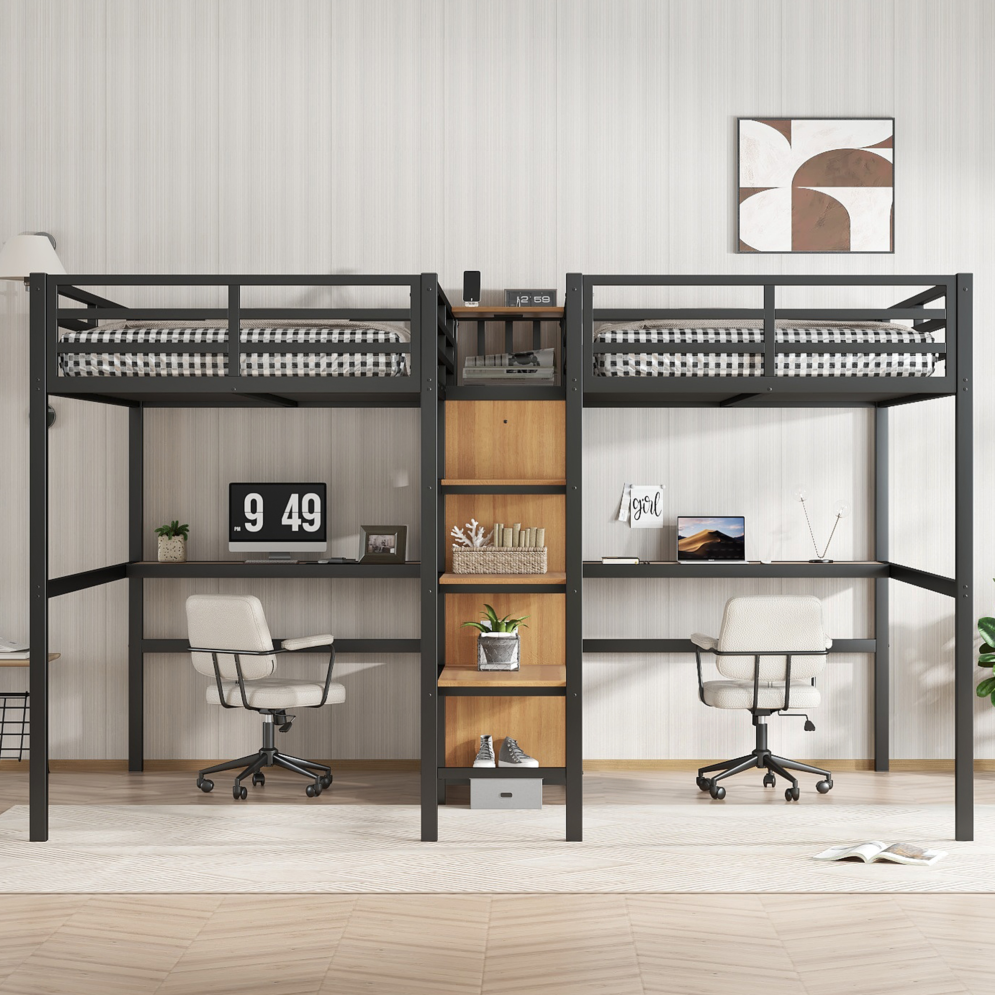Twin Over Twin Metal Loft Bed with Double Desk and Wardrobe and Shelves with Electrical Outlet for Space Saving and Noise Reduction, woodgrain - Image 2