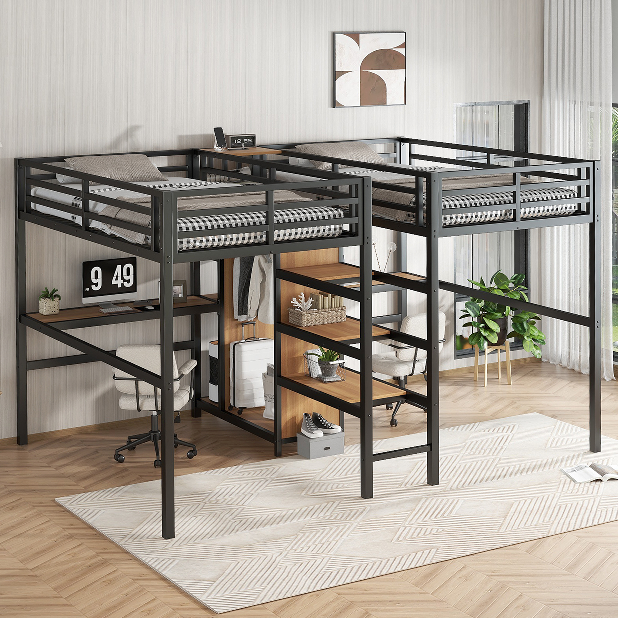 Twin Over Twin Metal Loft Bed with Double Desk and Wardrobe and Shelves with Electrical Outlet for Space Saving and Noise Reduction, woodgrain - Image 3