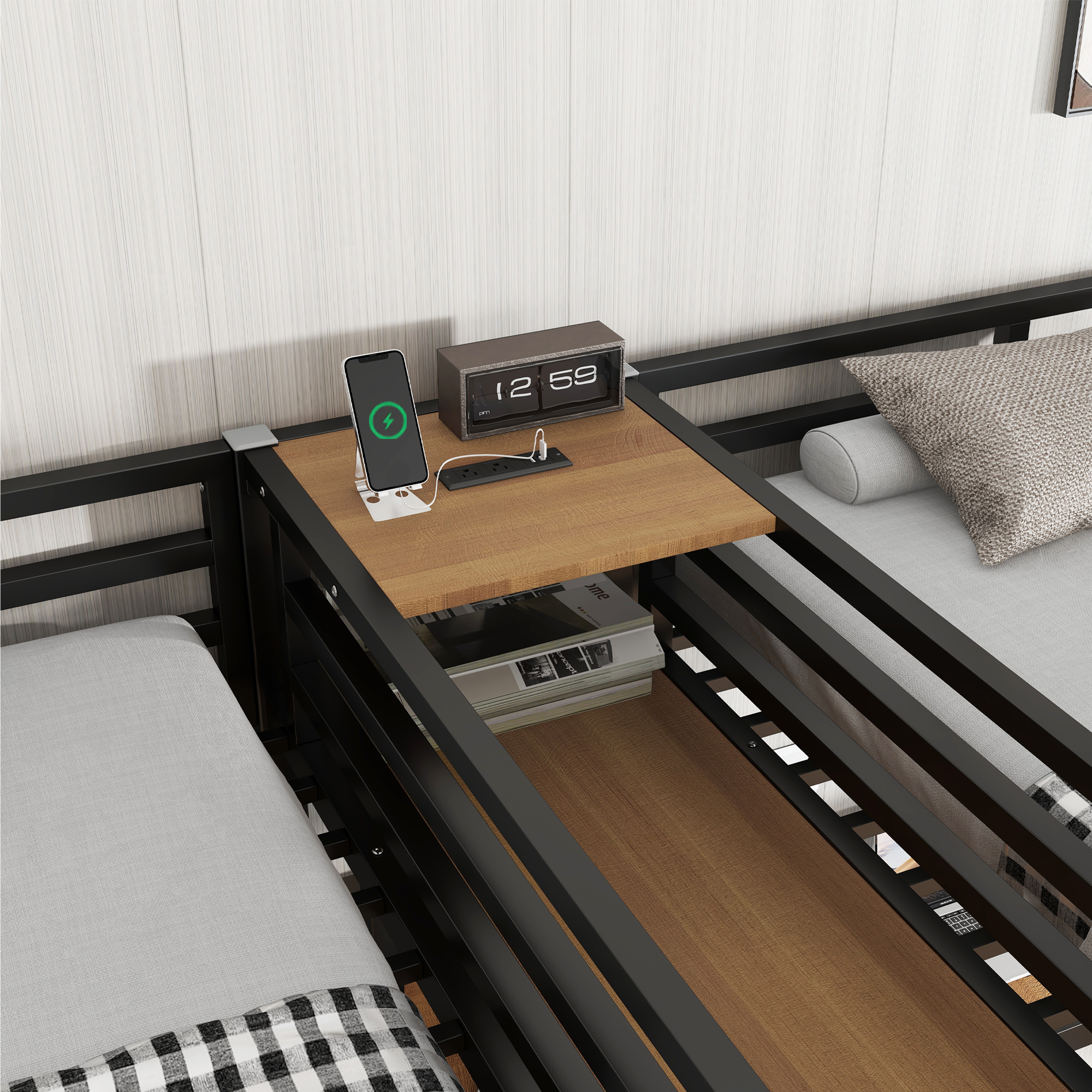 Twin Over Twin Metal Loft Bed with Double Desk and Wardrobe and Shelves with Electrical Outlet for Space Saving and Noise Reduction, woodgrain - Image 4
