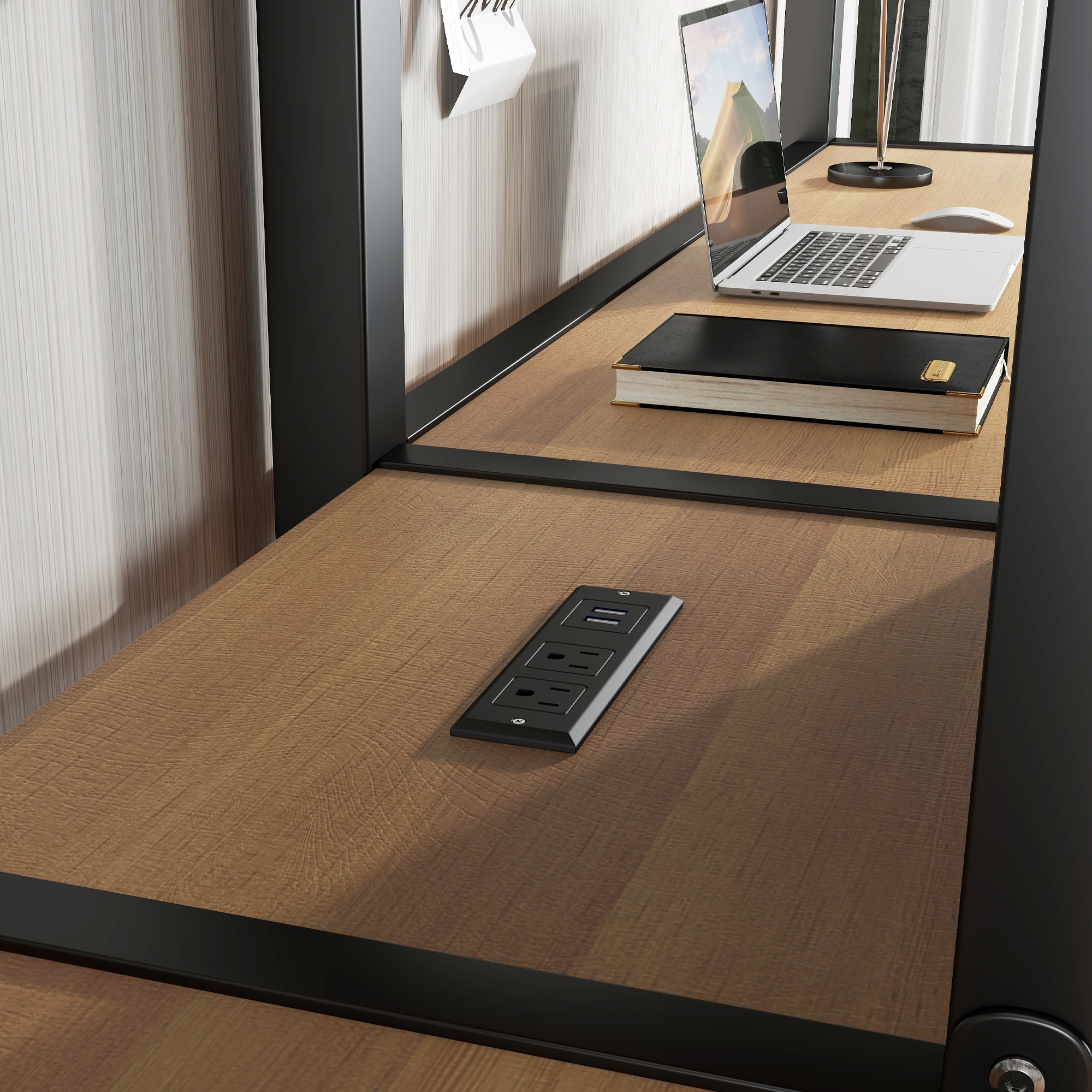 Twin Over Twin Metal Loft Bed with Double Desk and Wardrobe and Shelves with Electrical Outlet for Space Saving and Noise Reduction, woodgrain - Image 5