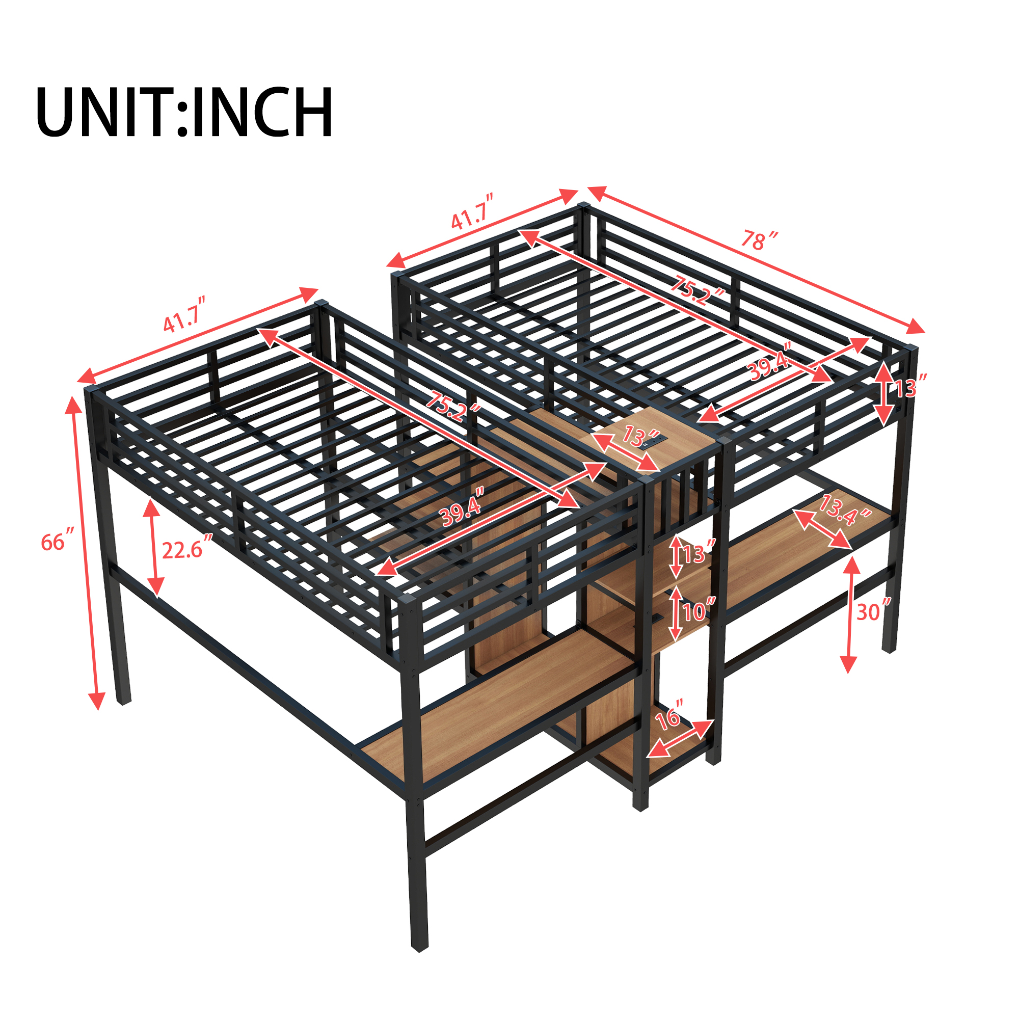 Twin Over Twin Metal Loft Bed with Double Desk and Wardrobe and Shelves with Electrical Outlet for Space Saving and Noise Reduction, woodgrain - Image 6