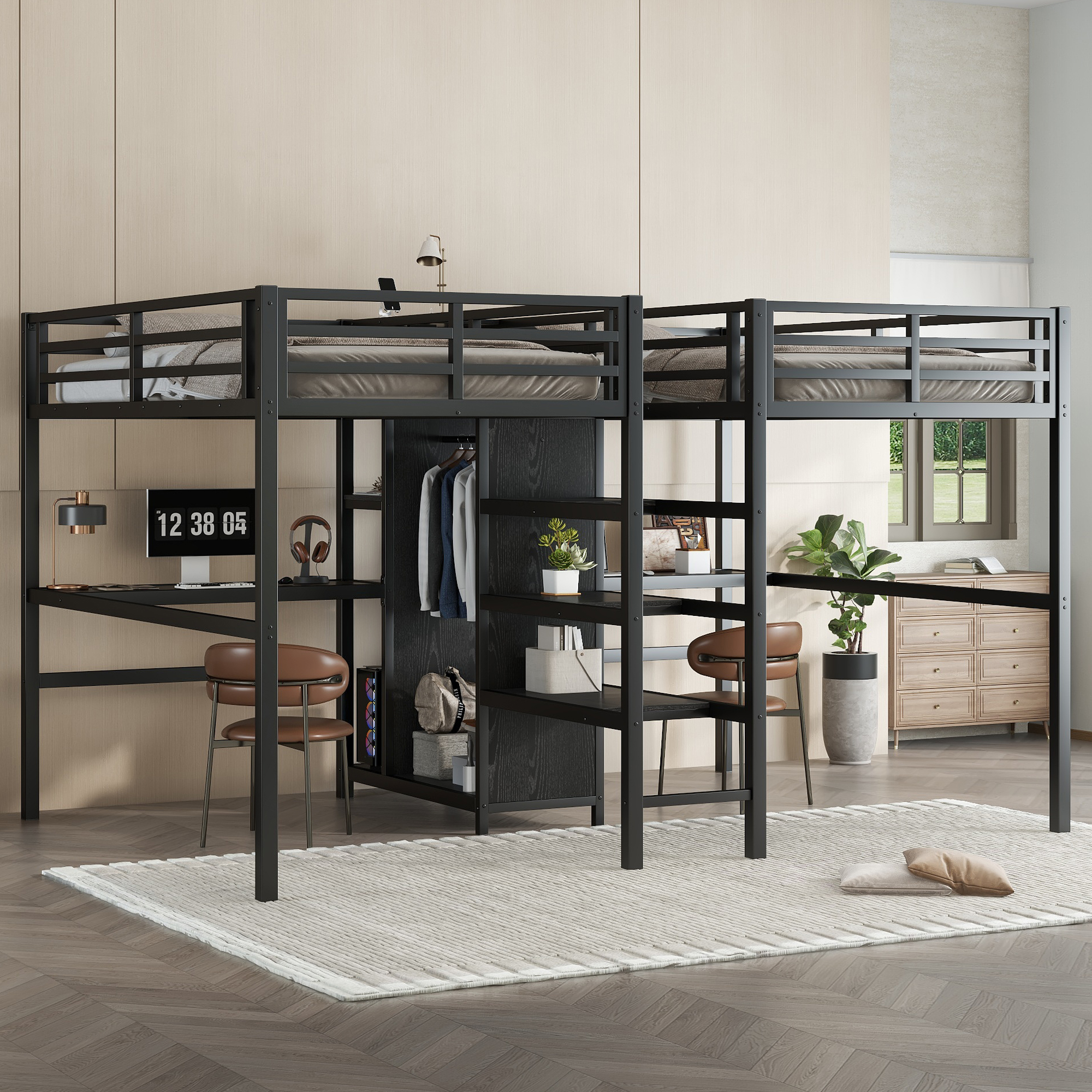 Twin Over Twin Metal Loft Bed with Double Desk and Wardrobe and Shelves with Electrical Outlet for Space Saving and Noise Reduction,Black - Image 1