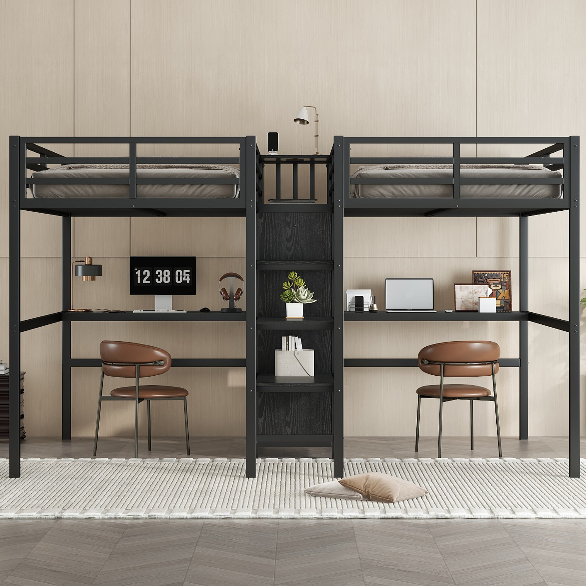 Twin Over Twin Metal Loft Bed with Double Desk and Wardrobe and Shelves with Electrical Outlet for Space Saving and Noise Reduction,Black - Image 2