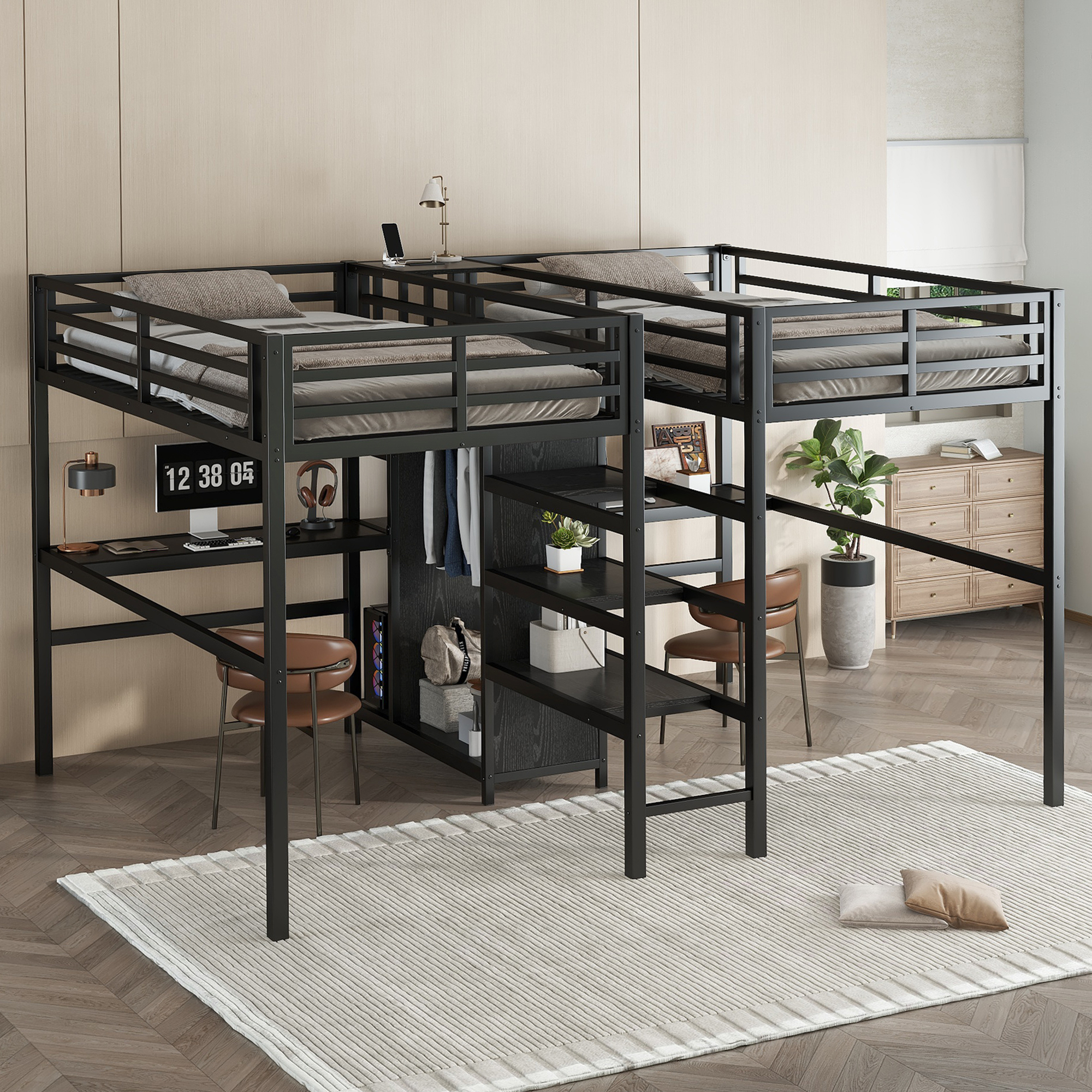 Twin Over Twin Metal Loft Bed with Double Desk and Wardrobe and Shelves with Electrical Outlet for Space Saving and Noise Reduction,Black - Image 3