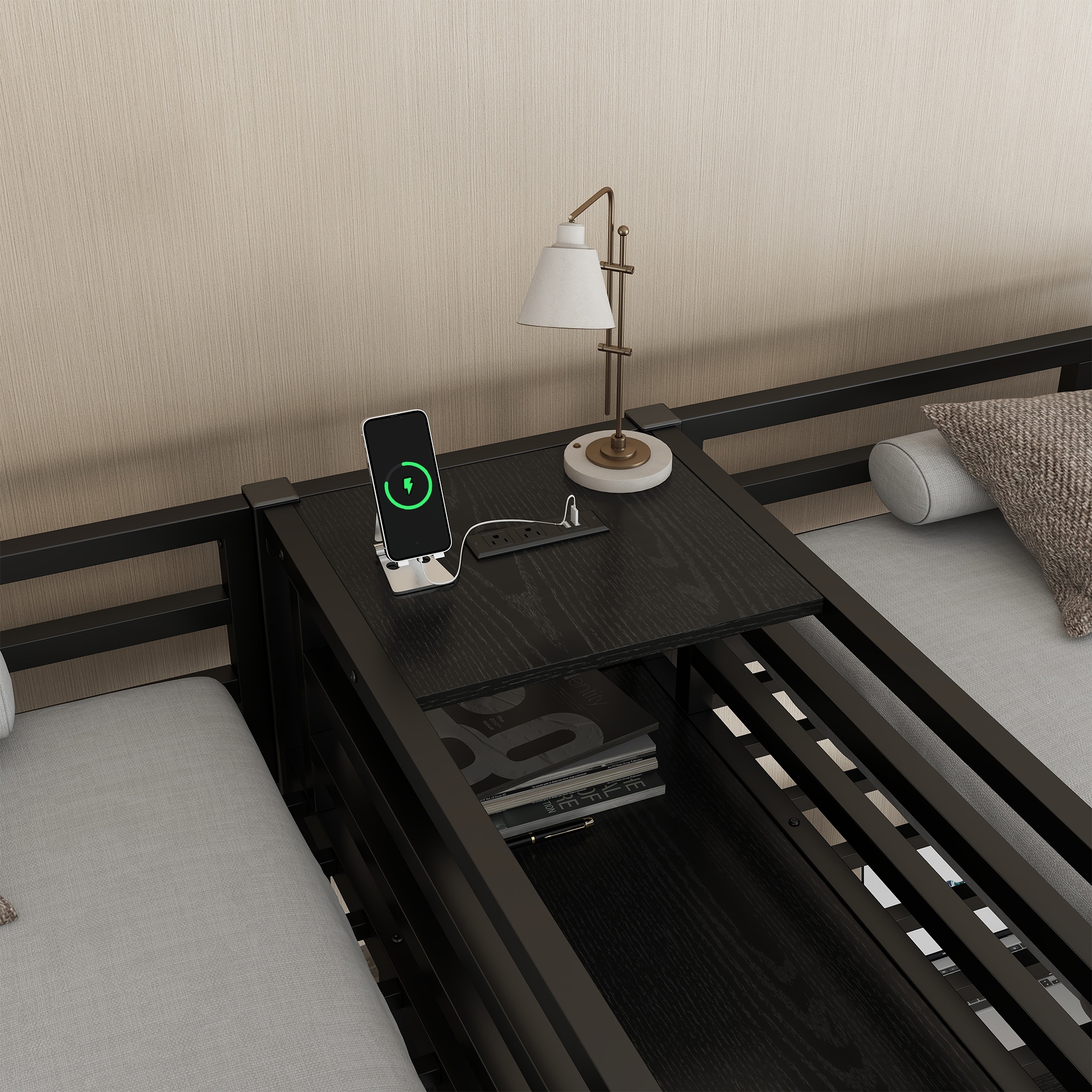 Twin Over Twin Metal Loft Bed with Double Desk and Wardrobe and Shelves with Electrical Outlet for Space Saving and Noise Reduction,Black - Image 4