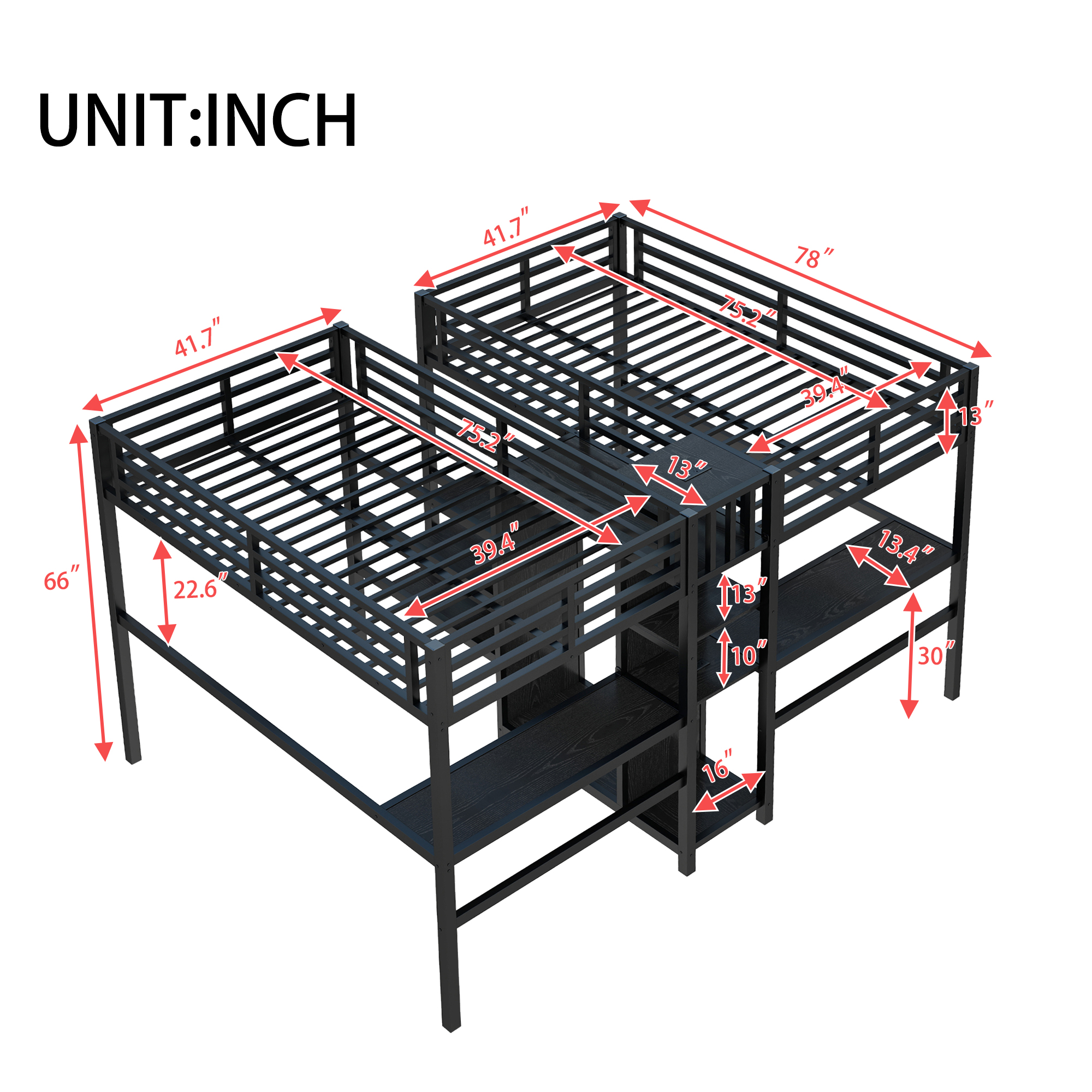 Twin Over Twin Metal Loft Bed with Double Desk and Wardrobe and Shelves with Electrical Outlet for Space Saving and Noise Reduction,Black - Image 6