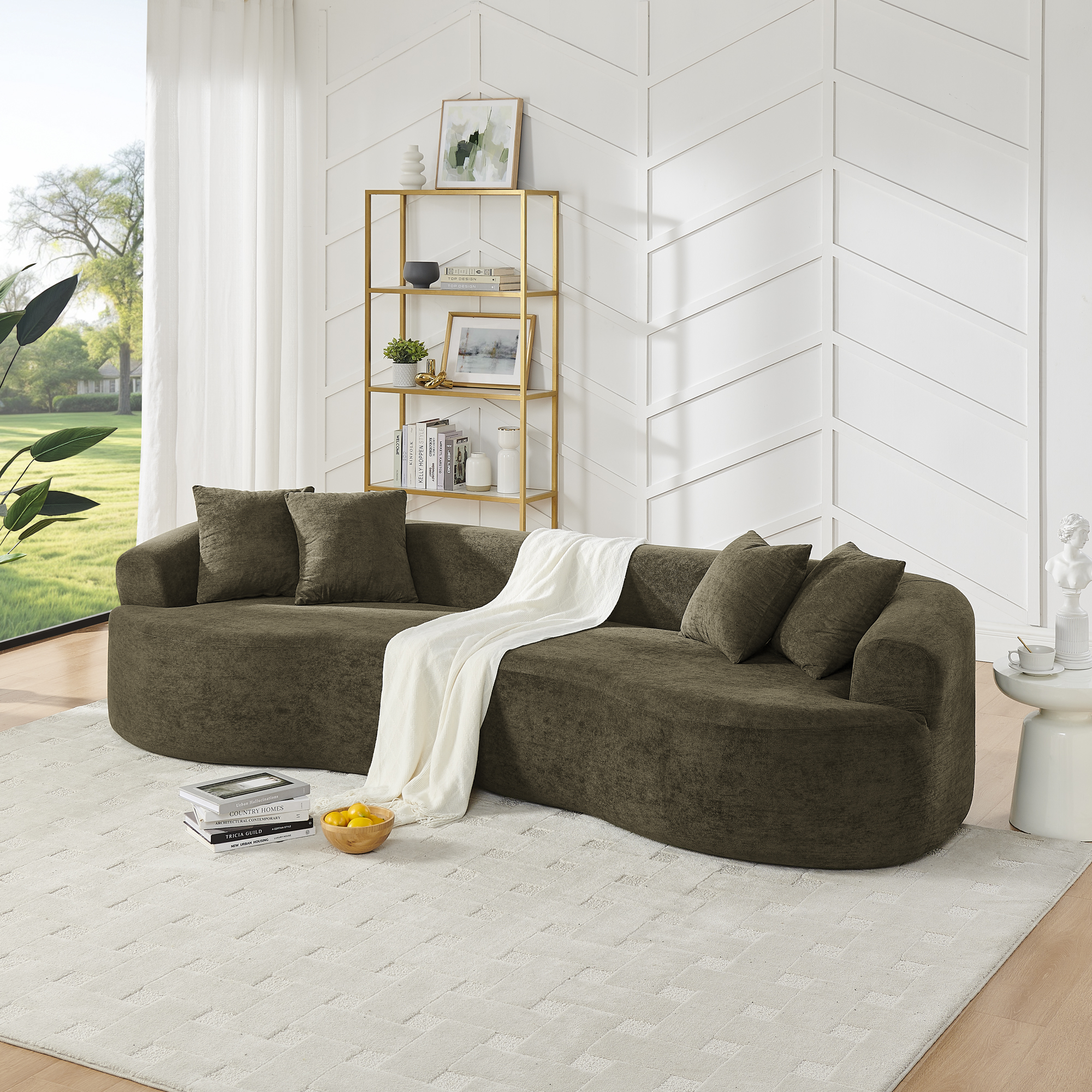 Modern Cloud 4-Seater Sectional Curved Sofa, Minimalist Compression Living Room Couch, No Assembly Needed, Chenille