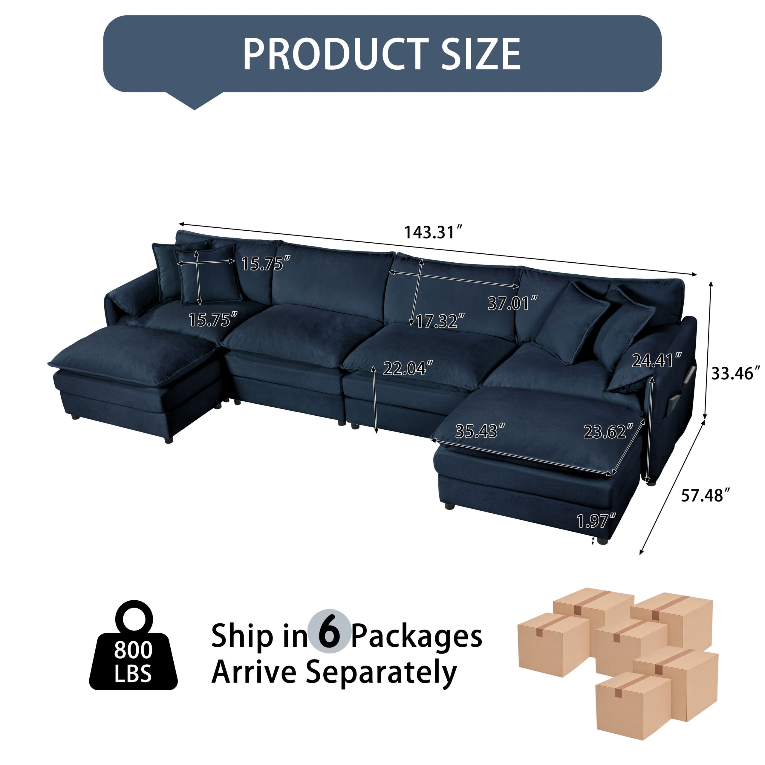 Modular Sectional Sofa, Oversized Deep Seat U Shaped Couch Set for Living Room, 4-Seater Comfy Cloud Couches with Two Movable Ottomans, DIY Combination, Chenille,Blue - Image 6