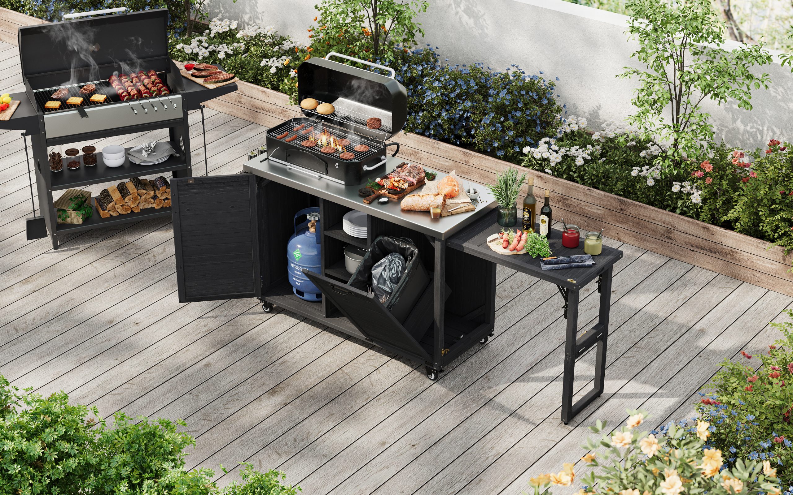 K&K 78.3" Outdoor Kitchen Island with Foldable Grill Table, Wooden Outdoor Grill Cart with Trash Can Storage & Stainless Steel Top, Outdoor Bar Cart, Pizza Oven Table for Lawn & Garden, Black - Image 3