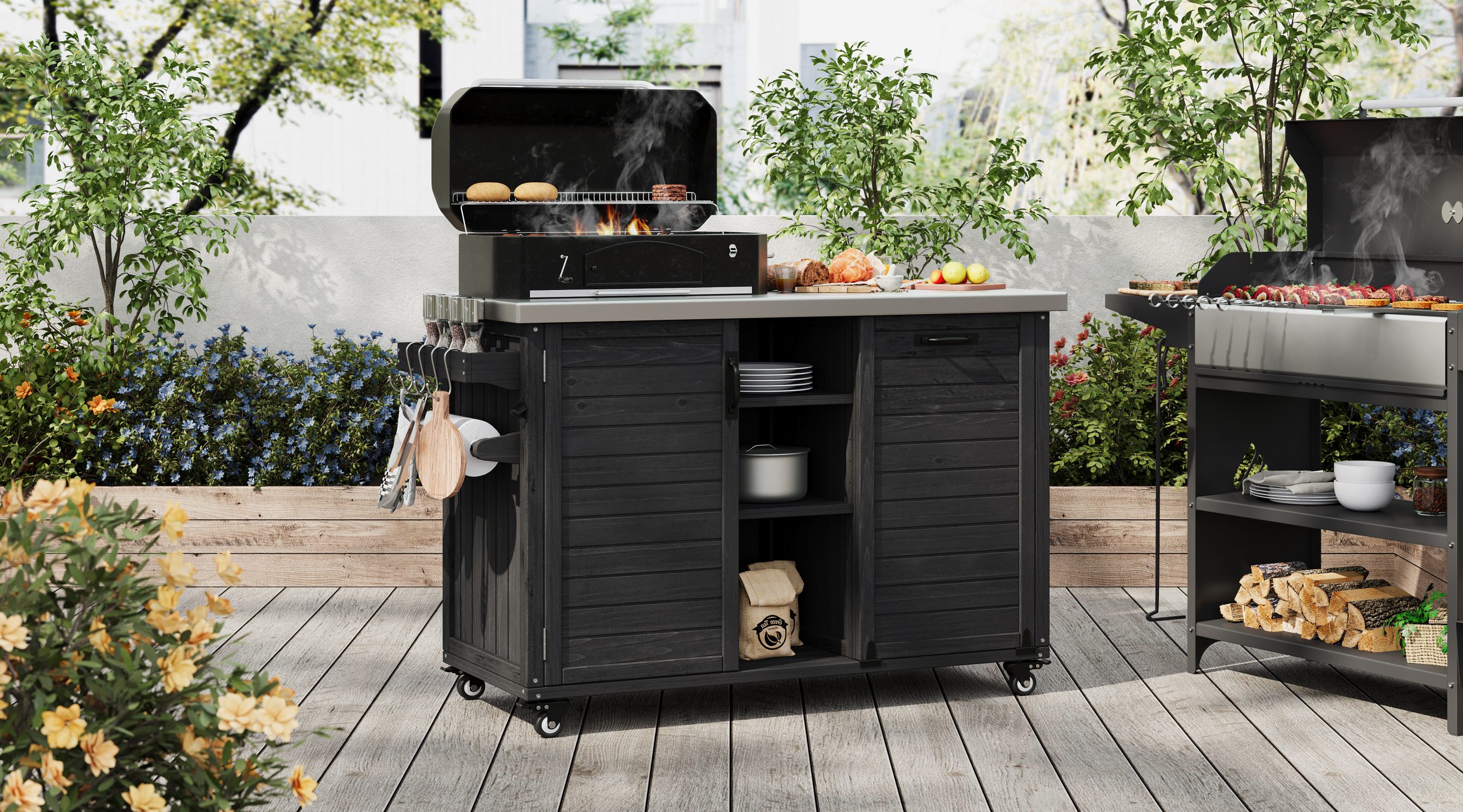 K&K 78.3" Outdoor Kitchen Island with Foldable Grill Table, Wooden Outdoor Grill Cart with Trash Can Storage & Stainless Steel Top, Outdoor Bar Cart, Pizza Oven Table for Lawn & Garden, Black - Image 4
