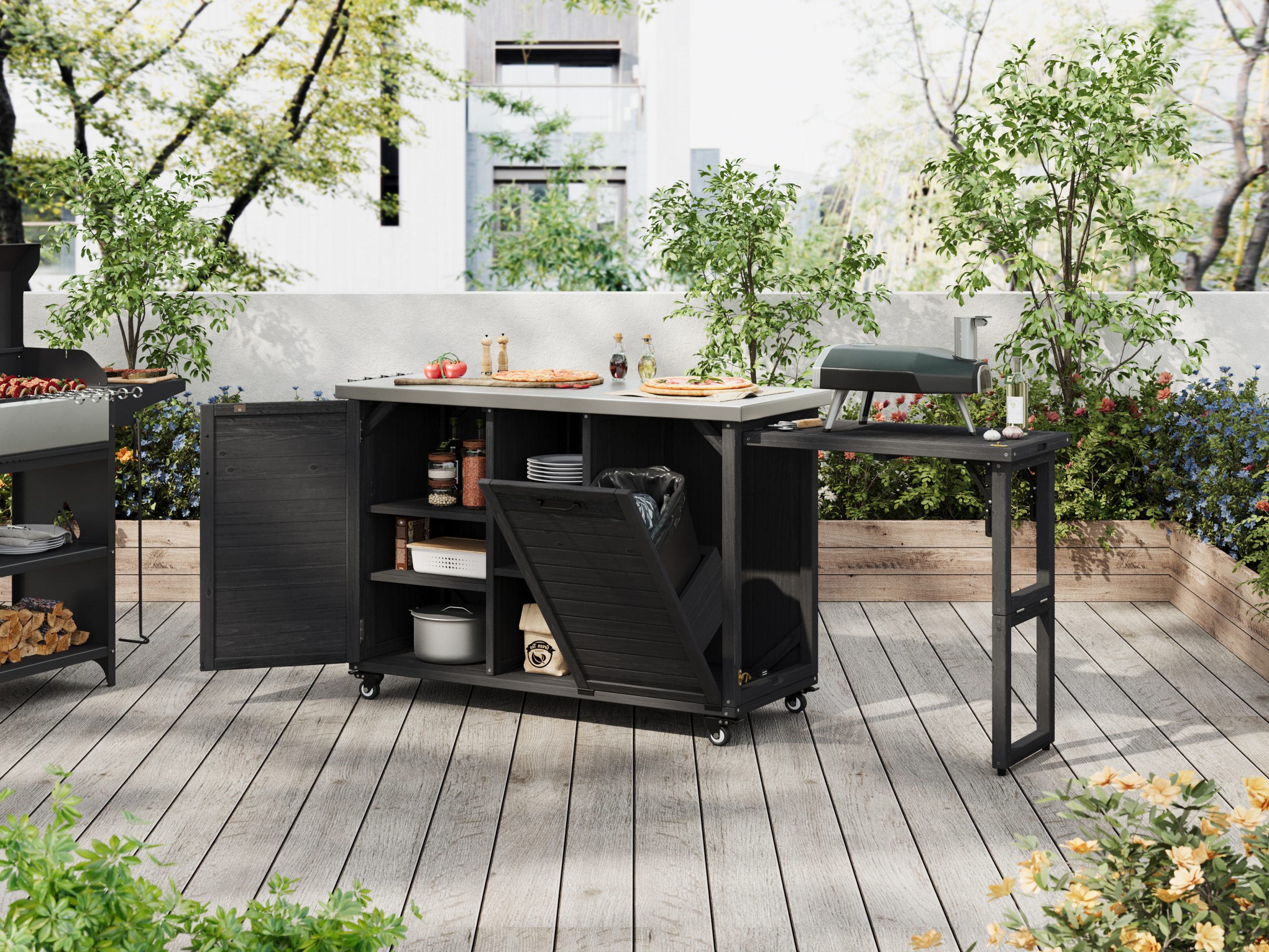 K&K 78.3" Outdoor Kitchen Island with Foldable Grill Table, Wooden Outdoor Grill Cart with Trash Can Storage & Stainless Steel Top, Outdoor Bar Cart, Pizza Oven Table for Lawn & Garden, Black - Image 5
