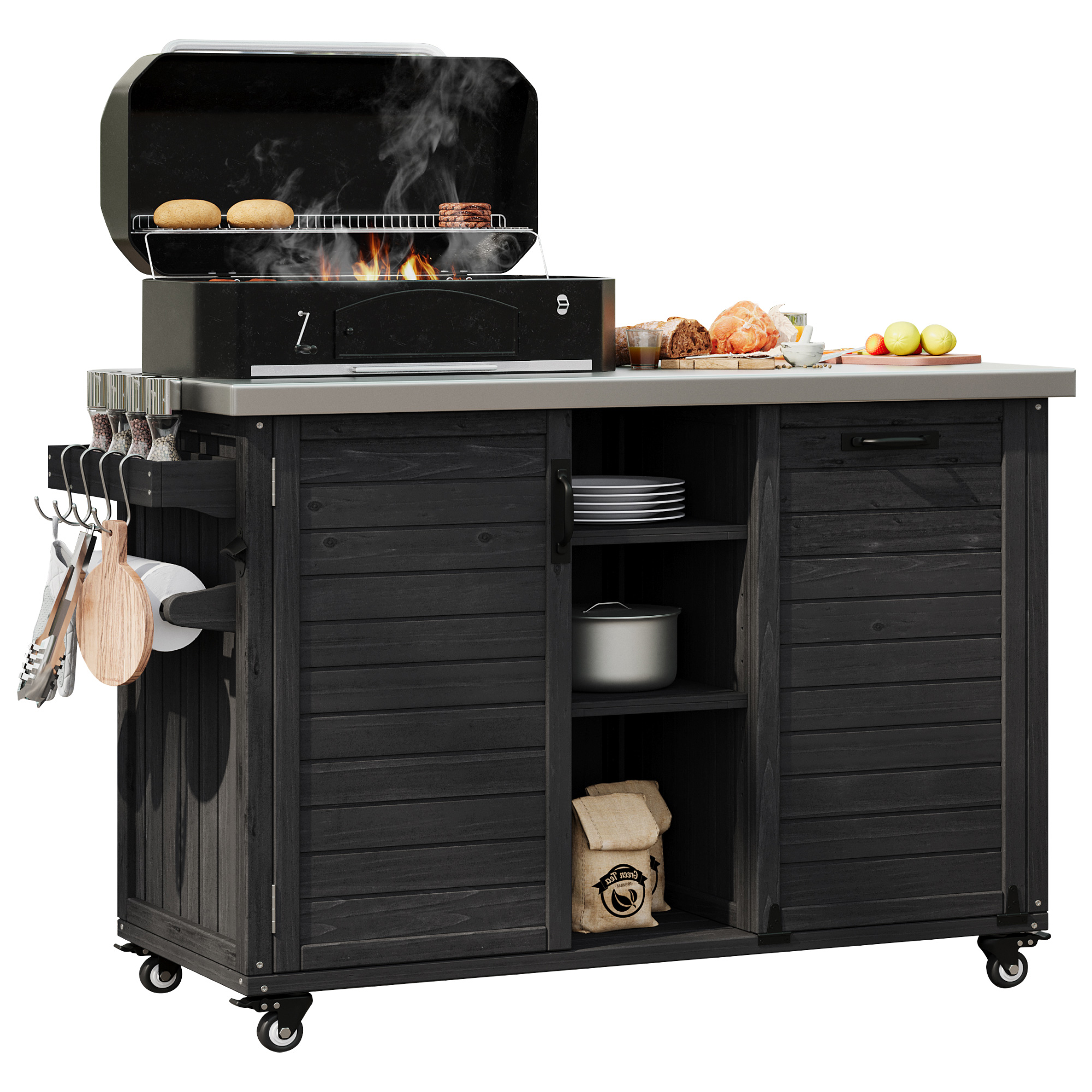 K&K 78.3" Outdoor Kitchen Island with Foldable Grill Table, Wooden Outdoor Grill Cart with Trash Can Storage & Stainless Steel Top, Outdoor Bar Cart, Pizza Oven Table for Lawn & Garden, Black - Image 6