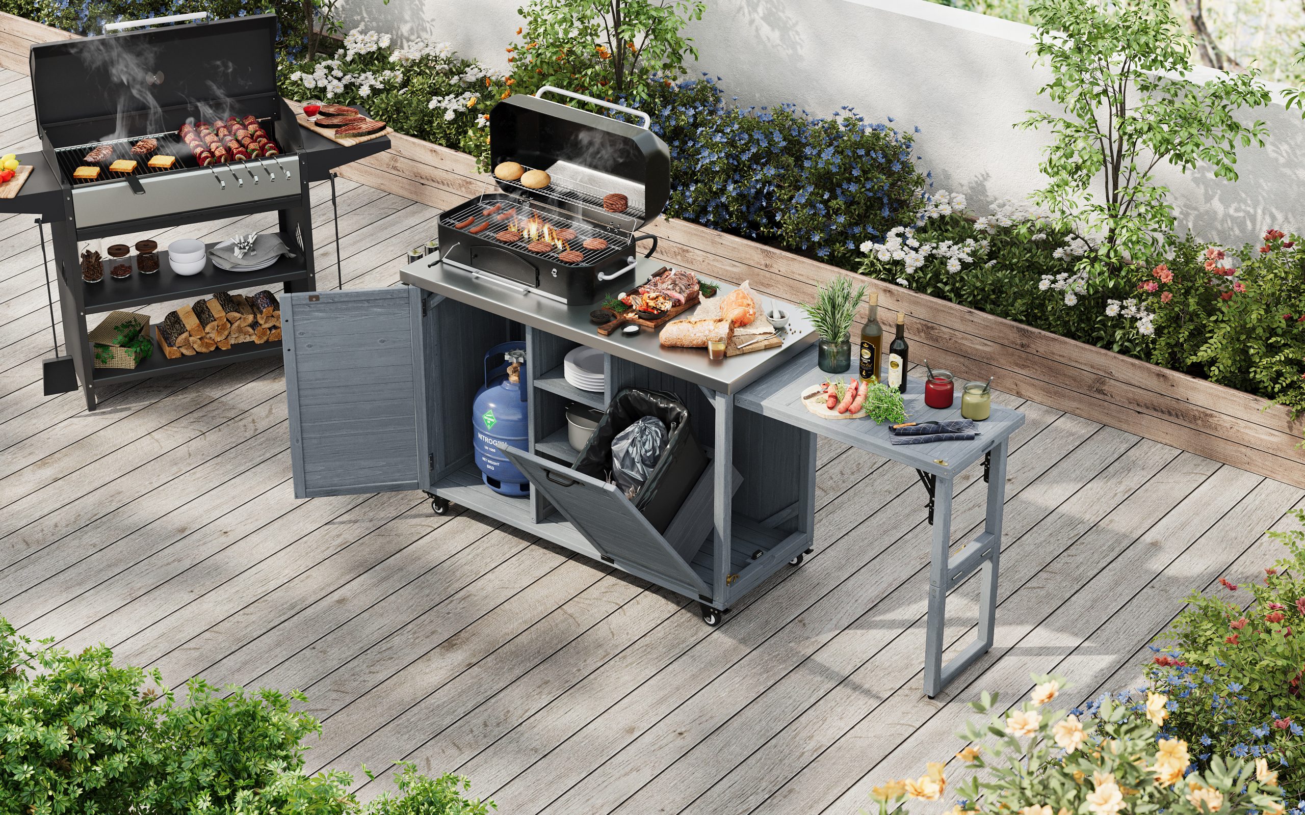 K&K 78.3" Outdoor Kitchen Island with Foldable Grill Table, Wooden Outdoor Grill Cart with Trash Can Storage & Stainless Steel Top, Outdoor Bar Cart, Pizza Oven Table for Lawn & Garden, Grey Blue - Image 2