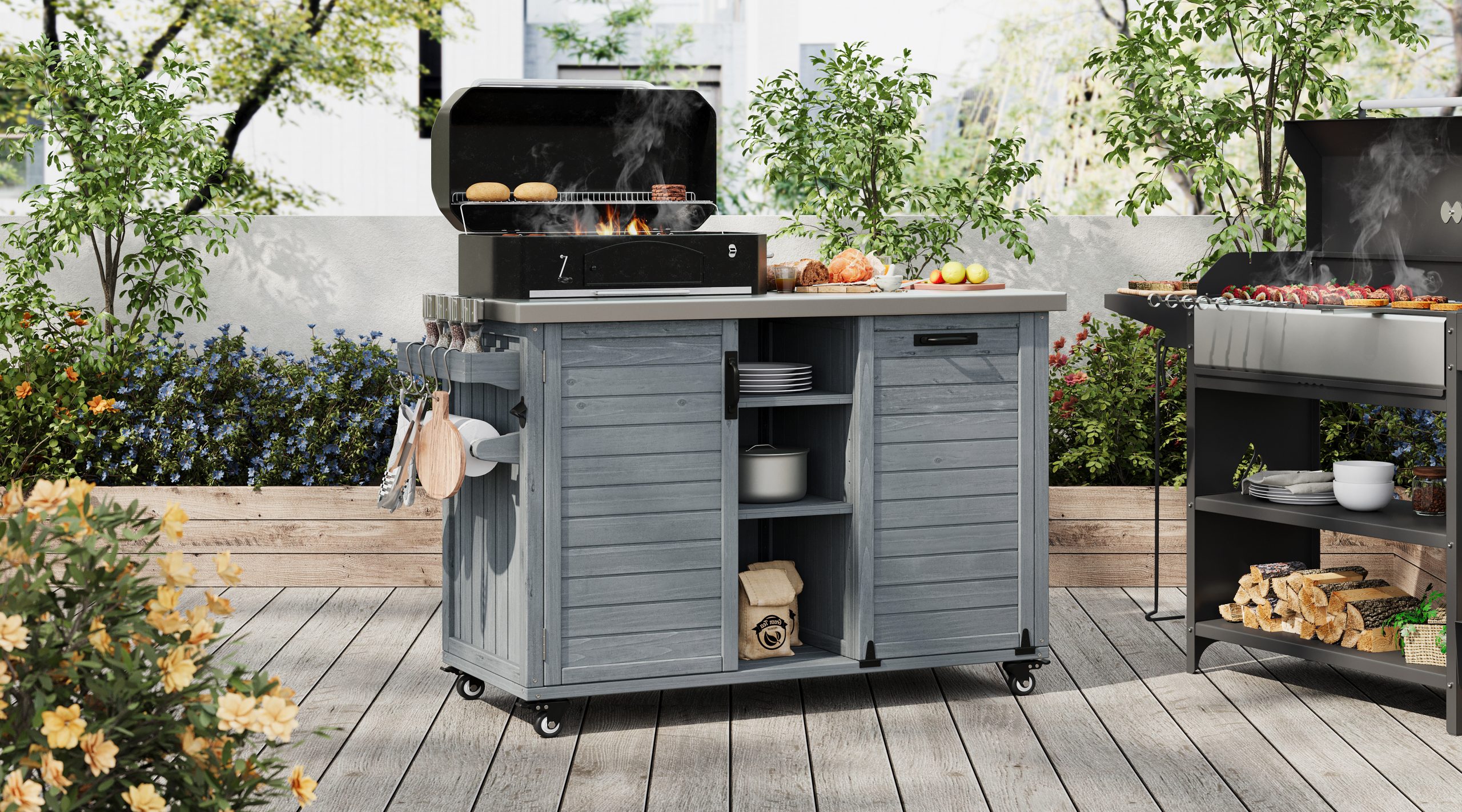 K&K 78.3" Outdoor Kitchen Island with Foldable Grill Table, Wooden Outdoor Grill Cart with Trash Can Storage & Stainless Steel Top, Outdoor Bar Cart, Pizza Oven Table for Lawn & Garden, Grey Blue - Image 3