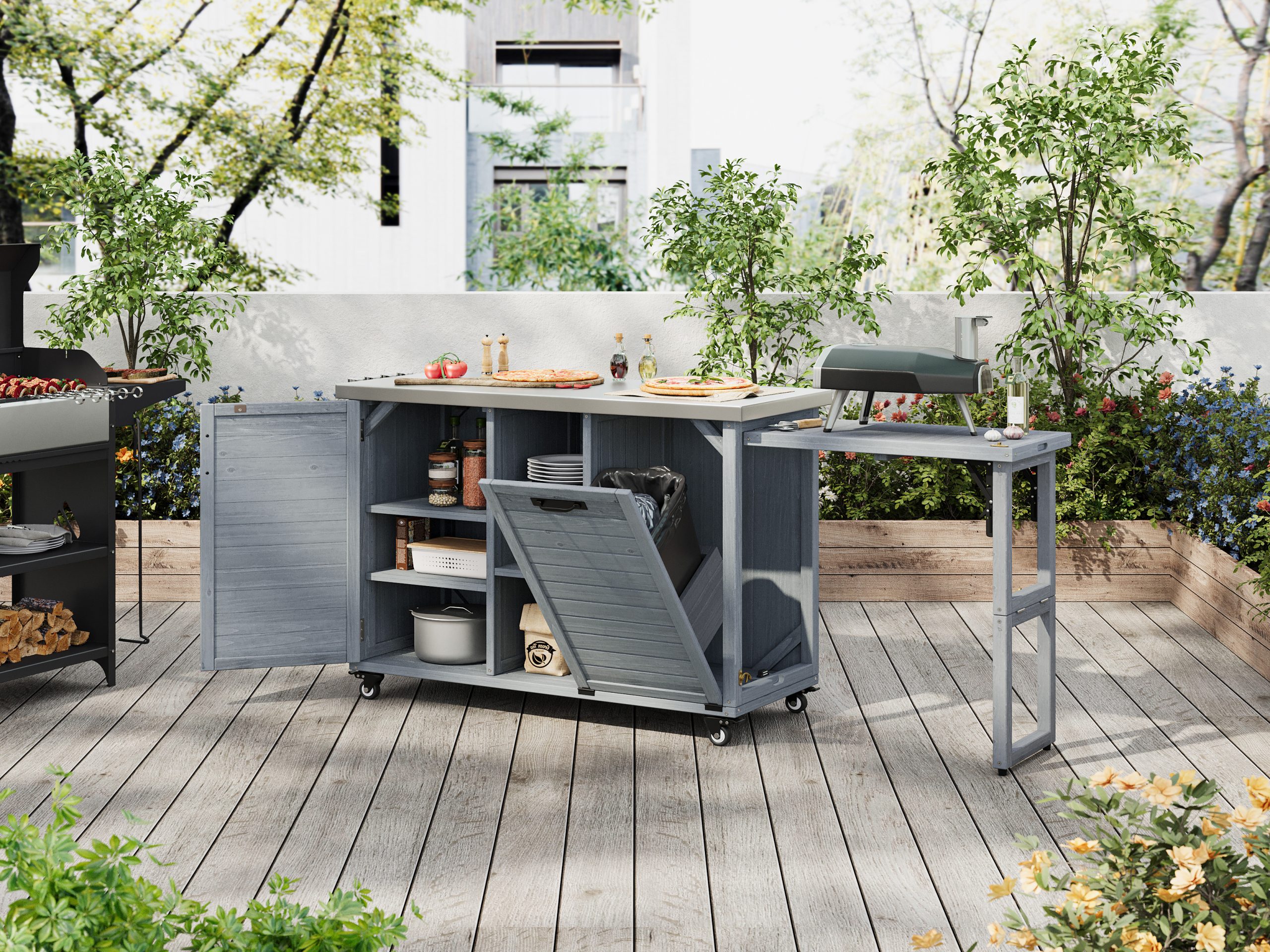 K&K 78.3" Outdoor Kitchen Island with Foldable Grill Table, Wooden Outdoor Grill Cart with Trash Can Storage & Stainless Steel Top, Outdoor Bar Cart, Pizza Oven Table for Lawn & Garden, Grey Blue - Image 4