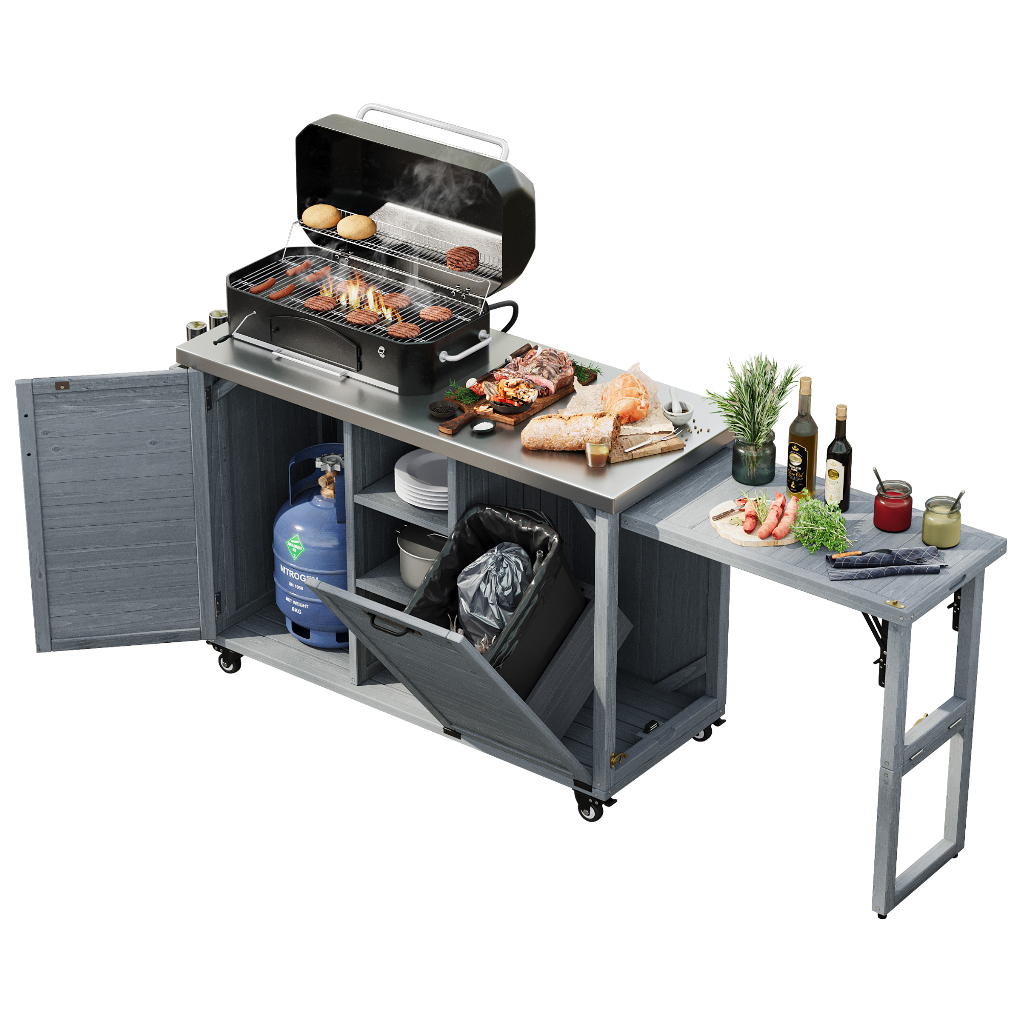 K&K 78.3" Outdoor Kitchen Island with Foldable Grill Table, Wooden Outdoor Grill Cart with Trash Can Storage & Stainless Steel Top, Outdoor Bar Cart, Pizza Oven Table for Lawn & Garden, Grey Blue - Image 5