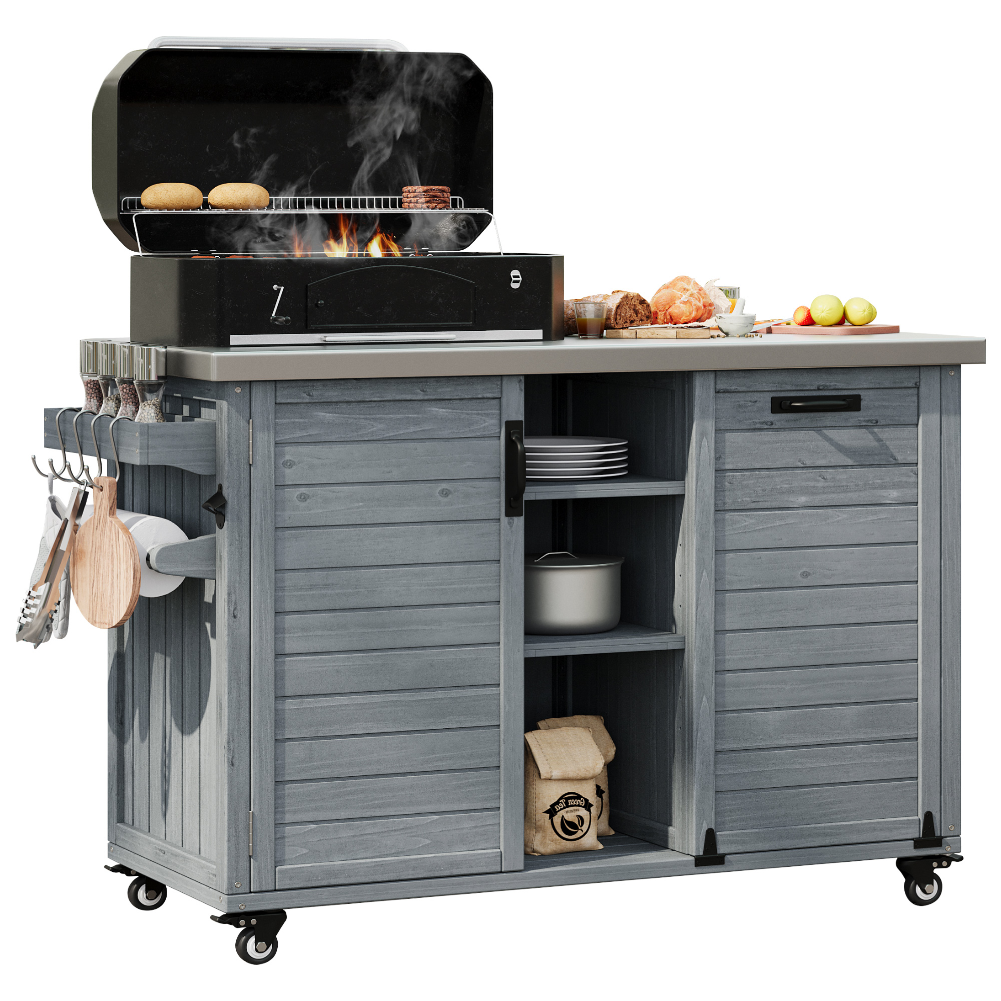 K&K 78.3" Outdoor Kitchen Island with Foldable Grill Table, Wooden Outdoor Grill Cart with Trash Can Storage & Stainless Steel Top, Outdoor Bar Cart, Pizza Oven Table for Lawn & Garden, Grey Blue - Image 6