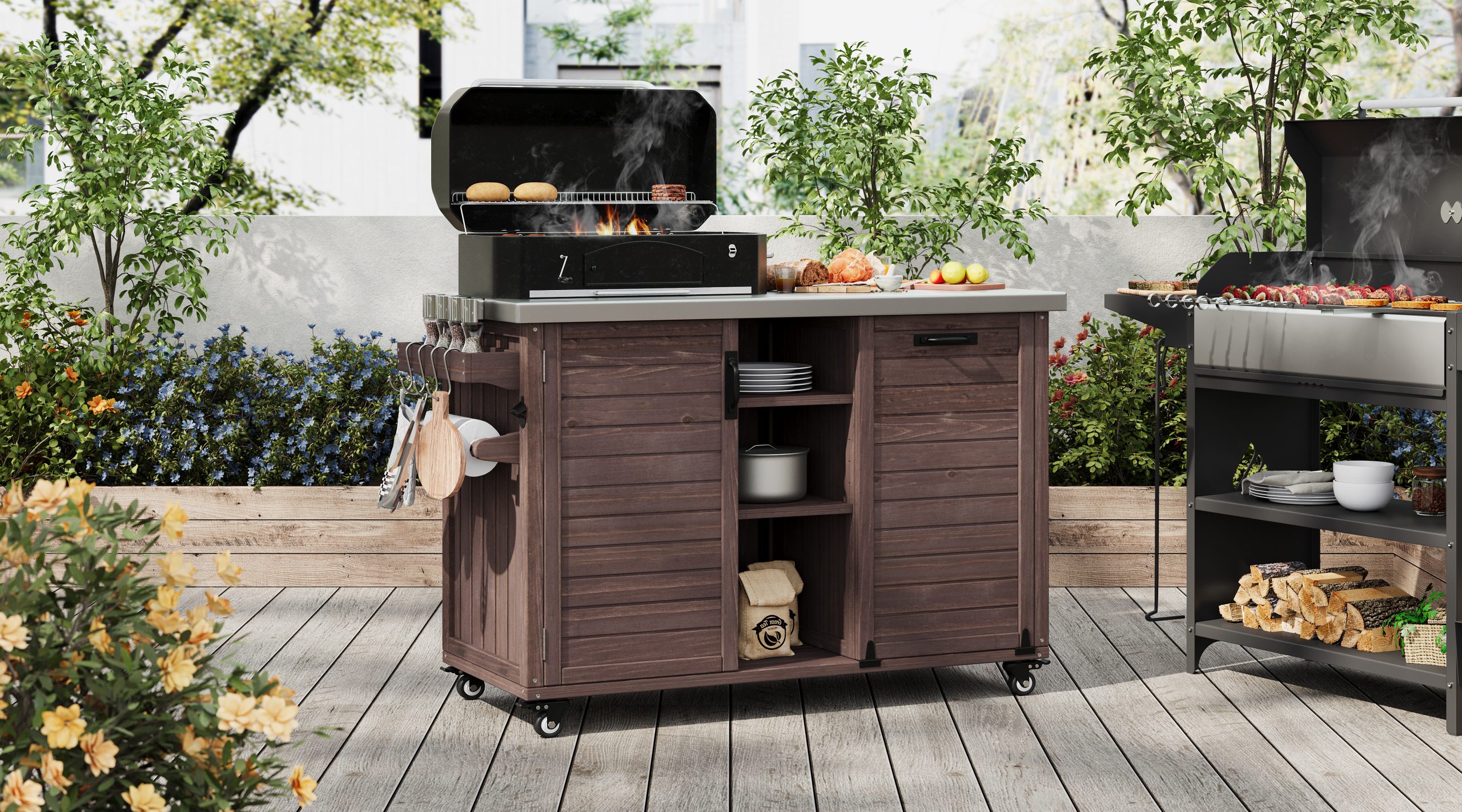 K&K 78.3" Outdoor Kitchen Island with Foldable Grill Table, Wooden Outdoor Grill Cart with Trash Can Storage & Stainless Steel Top, Outdoor Bar Cart, Pizza Oven Table for Lawn & Garden, Dark Brown - Image 2