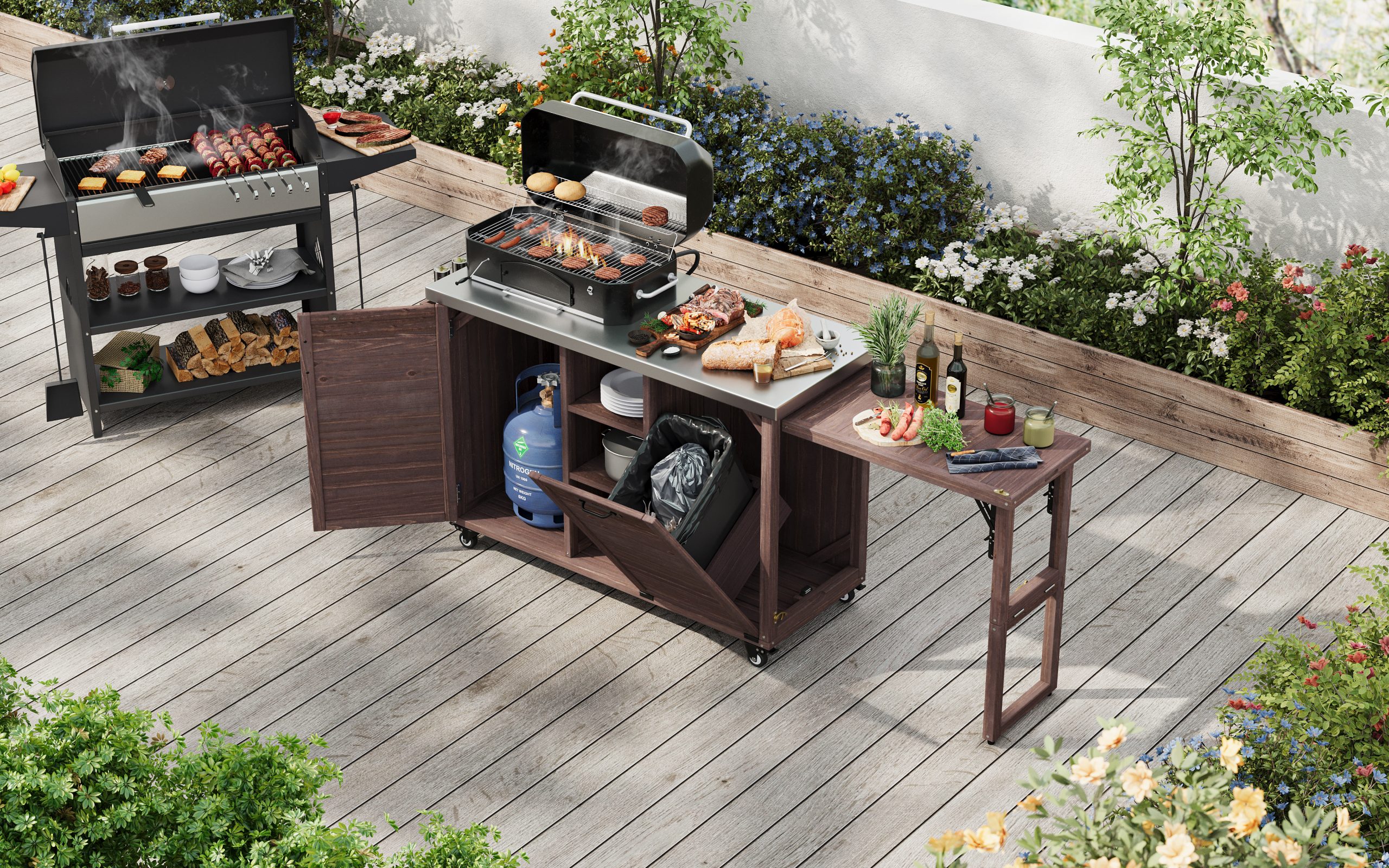K&K 78.3" Outdoor Kitchen Island with Foldable Grill Table, Wooden Outdoor Grill Cart with Trash Can Storage & Stainless Steel Top, Outdoor Bar Cart, Pizza Oven Table for Lawn & Garden, Dark Brown - Image 3