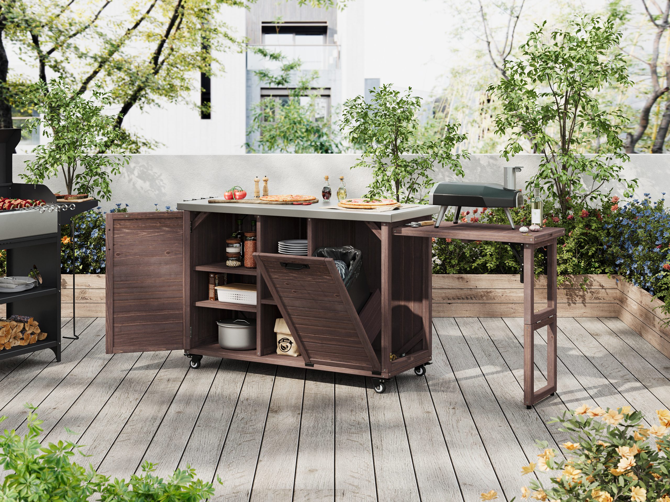 K&K 78.3" Outdoor Kitchen Island with Foldable Grill Table, Wooden Outdoor Grill Cart with Trash Can Storage & Stainless Steel Top, Outdoor Bar Cart, Pizza Oven Table for Lawn & Garden, Dark Brown - Image 4