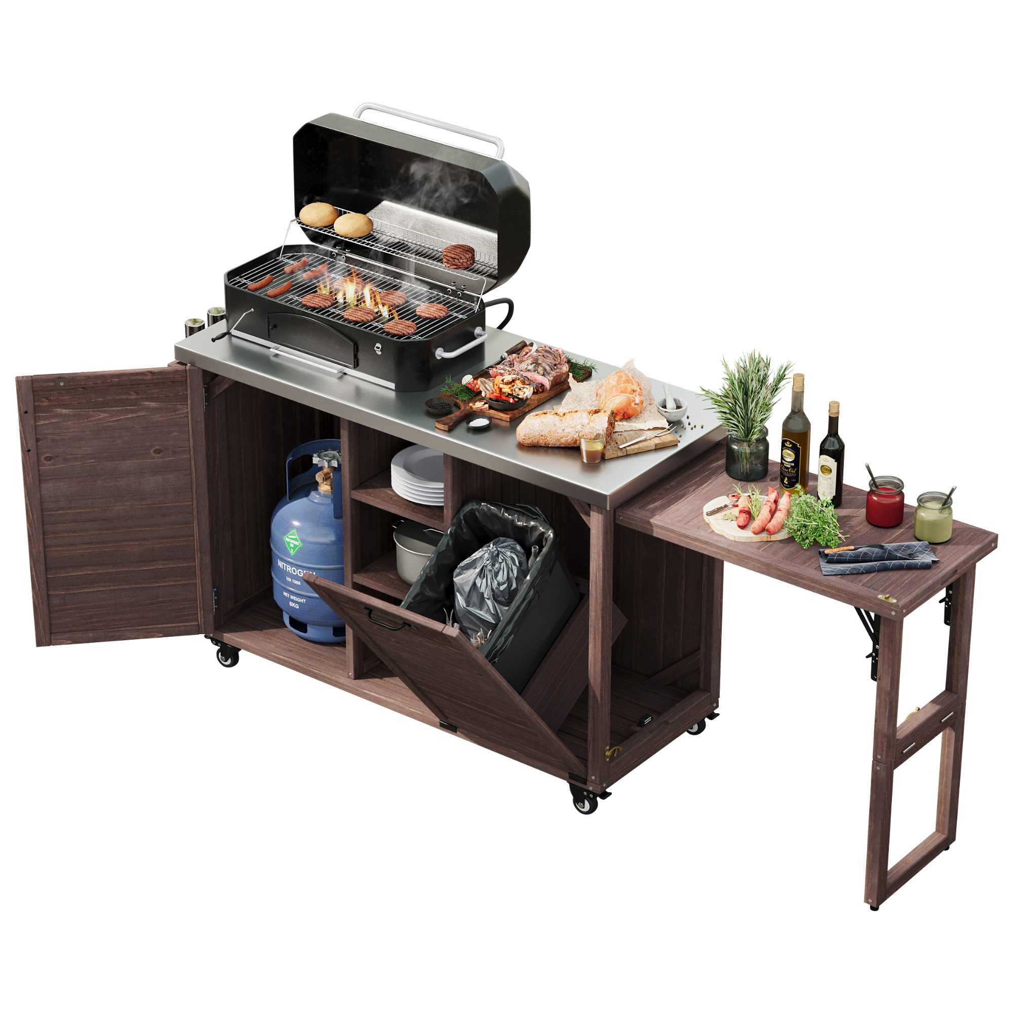 K&K 78.3" Outdoor Kitchen Island with Foldable Grill Table, Wooden Outdoor Grill Cart with Trash Can Storage & Stainless Steel Top, Outdoor Bar Cart, Pizza Oven Table for Lawn & Garden, Dark Brown - Image 5