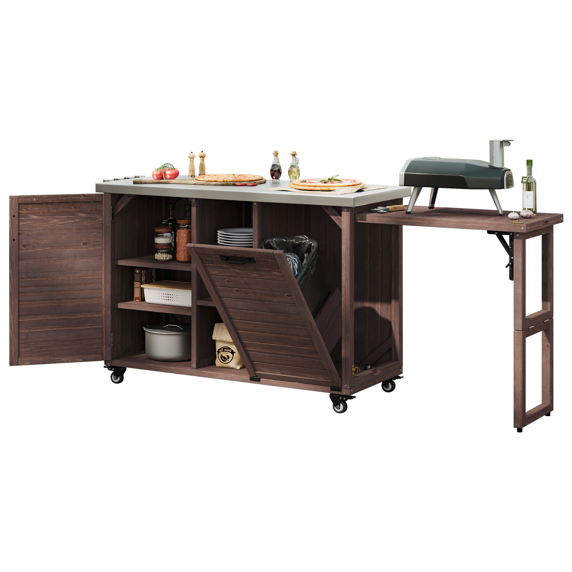 K&K 78.3" Outdoor Kitchen Island with Foldable Grill Table, Wooden Outdoor Grill Cart with Trash Can Storage & Stainless Steel Top, Outdoor Bar Cart, Pizza Oven Table for Lawn & Garden, Dark Brown - Image 6