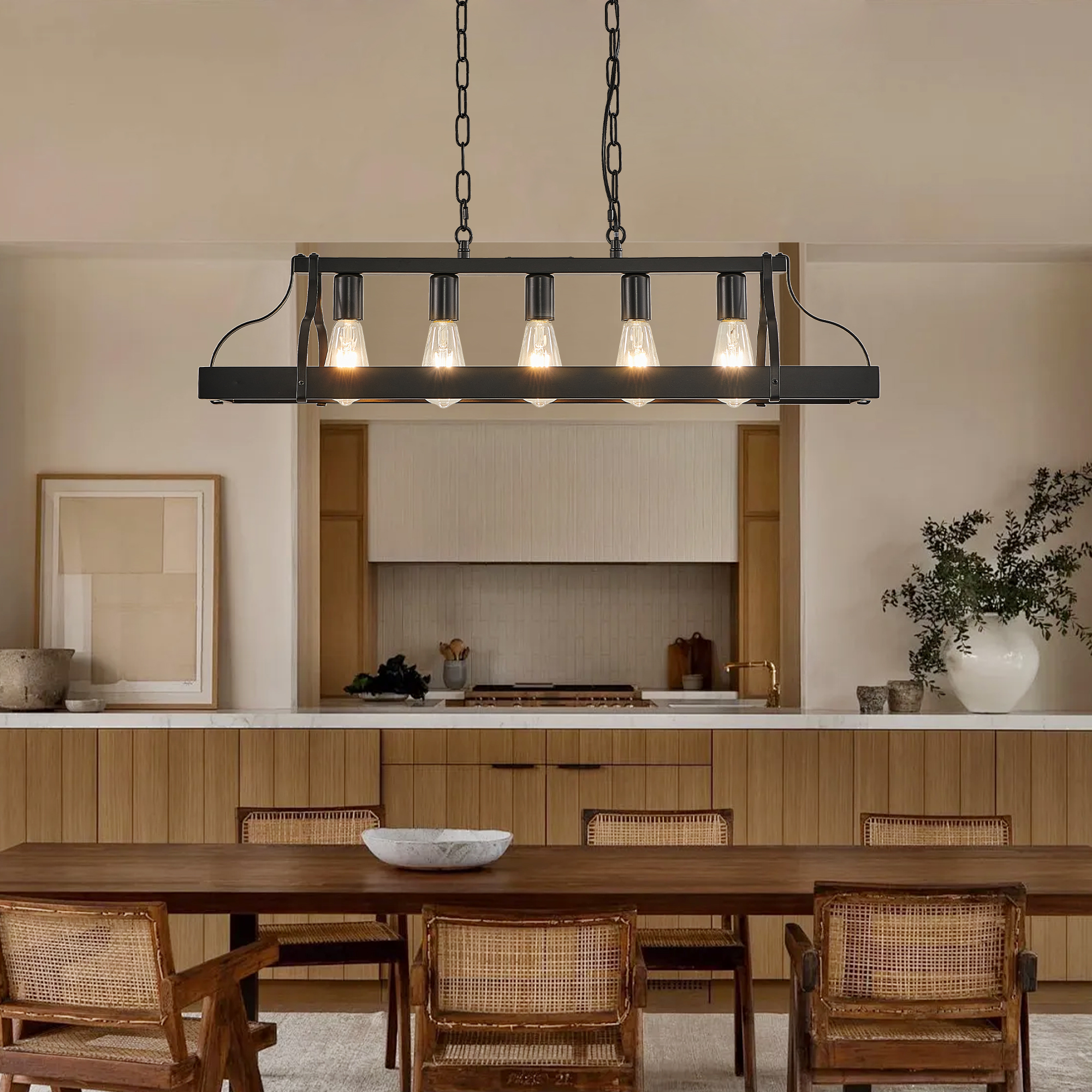 34-Inch Black Industrial Pendant Light with 5 E26 Bulb Sockets, Adjustable Chain Height – Modern Farmhouse Linear Chandelier for Dining Room, Kitchen Island, or Living Room (Bulb Not Included) - Image 2