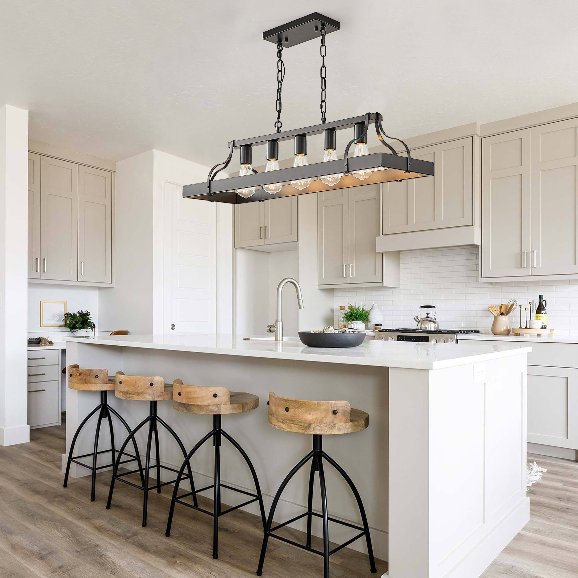 34-Inch Black Industrial Pendant Light with 5 E26 Bulb Sockets, Adjustable Chain Height – Modern Farmhouse Linear Chandelier for Dining Room, Kitchen Island, or Living Room (Bulb Not Included) - Image 3