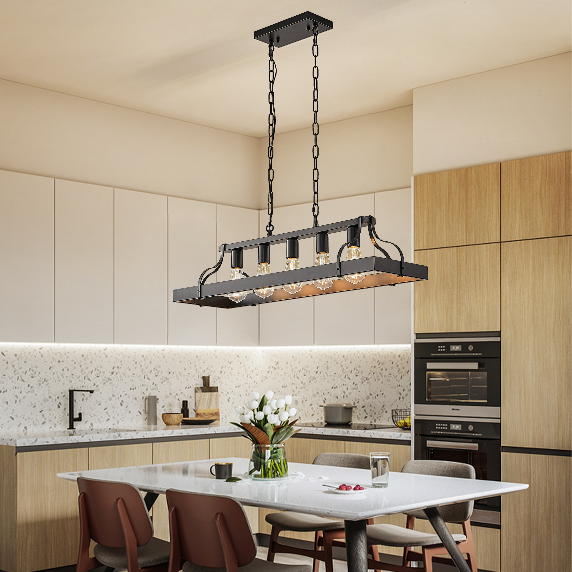34-Inch Black Industrial Pendant Light with 5 E26 Bulb Sockets, Adjustable Chain Height – Modern Farmhouse Linear Chandelier for Dining Room, Kitchen Island, or Living Room (Bulb Not Included) - Image 4