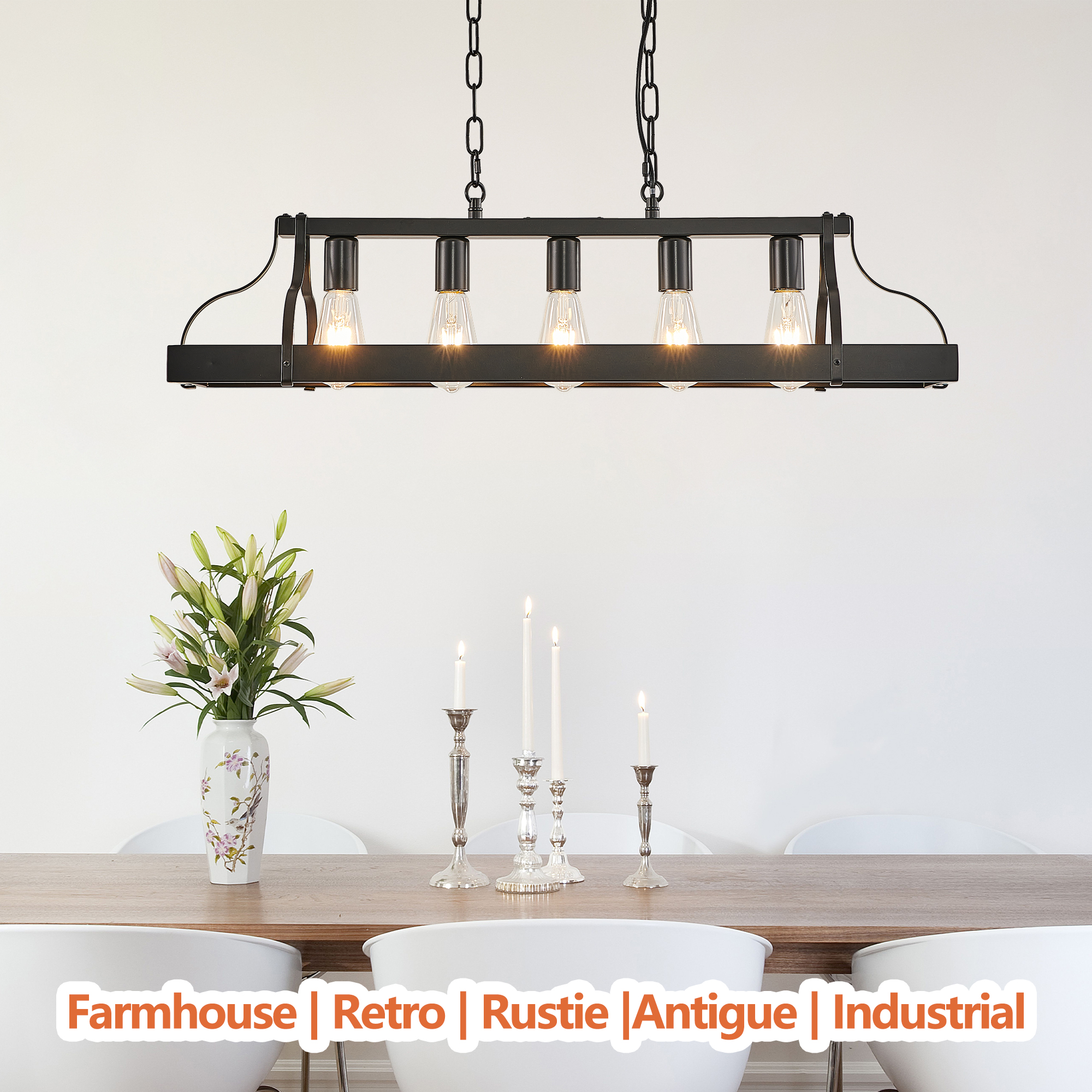 34-Inch Black Industrial Pendant Light with 5 E26 Bulb Sockets, Adjustable Chain Height – Modern Farmhouse Linear Chandelier for Dining Room, Kitchen Island, or Living Room (Bulb Not Included) - Image 5