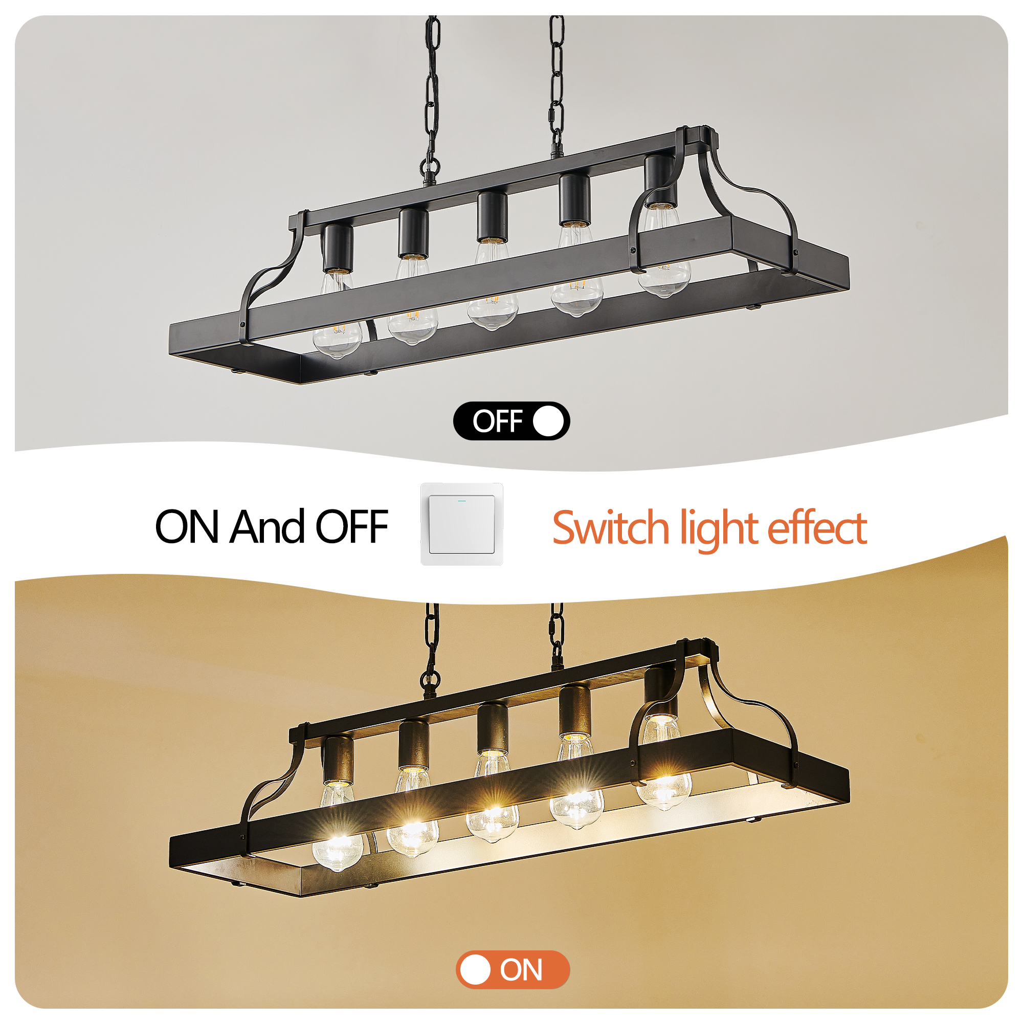 34-Inch Black Industrial Pendant Light with 5 E26 Bulb Sockets, Adjustable Chain Height – Modern Farmhouse Linear Chandelier for Dining Room, Kitchen Island, or Living Room (Bulb Not Included) - Image 6