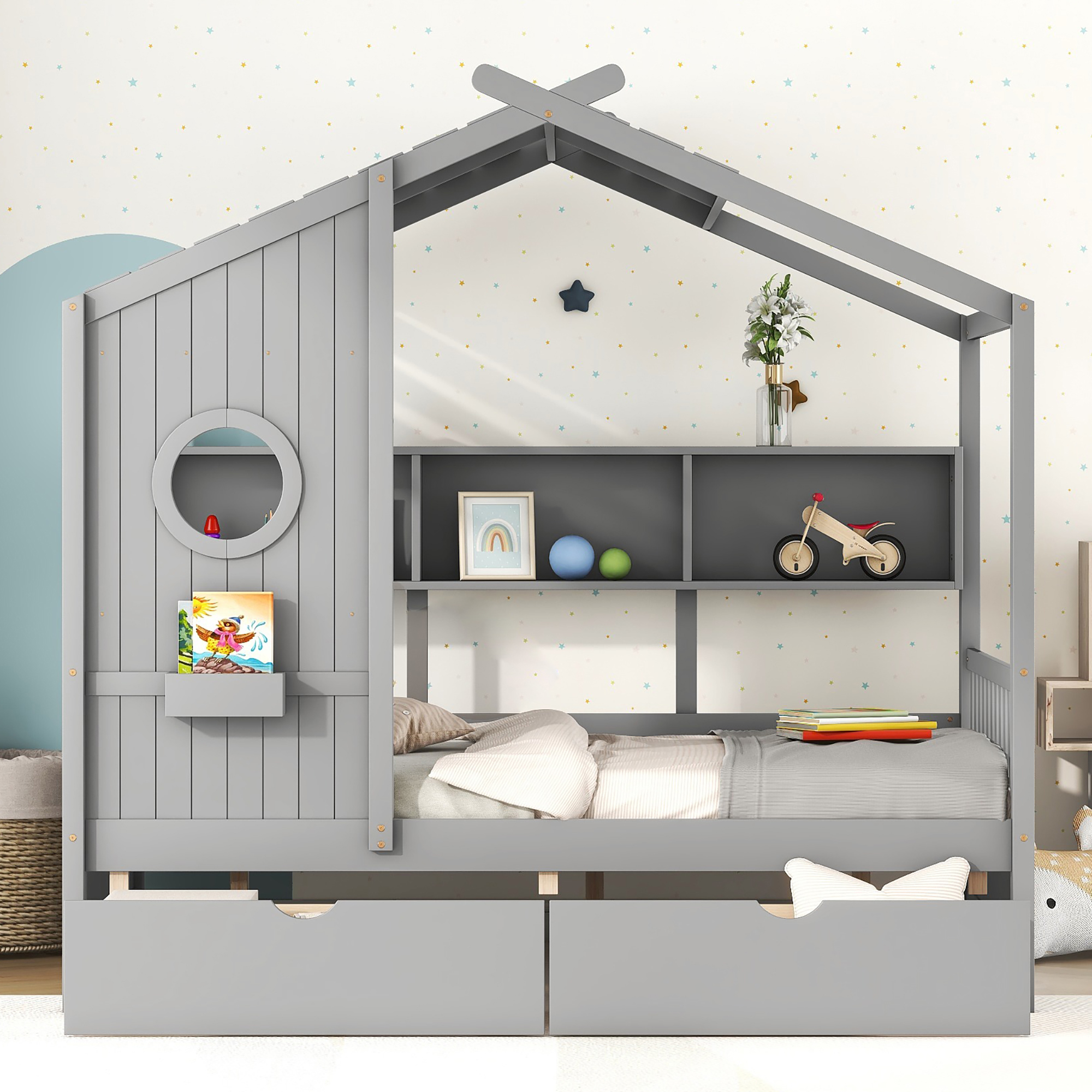 Wooden Full Size House Bed with 2 Drawers,Kids Bed with Storage Shelf, Gray(Old SKU: HL000052AAE) - Image 2
