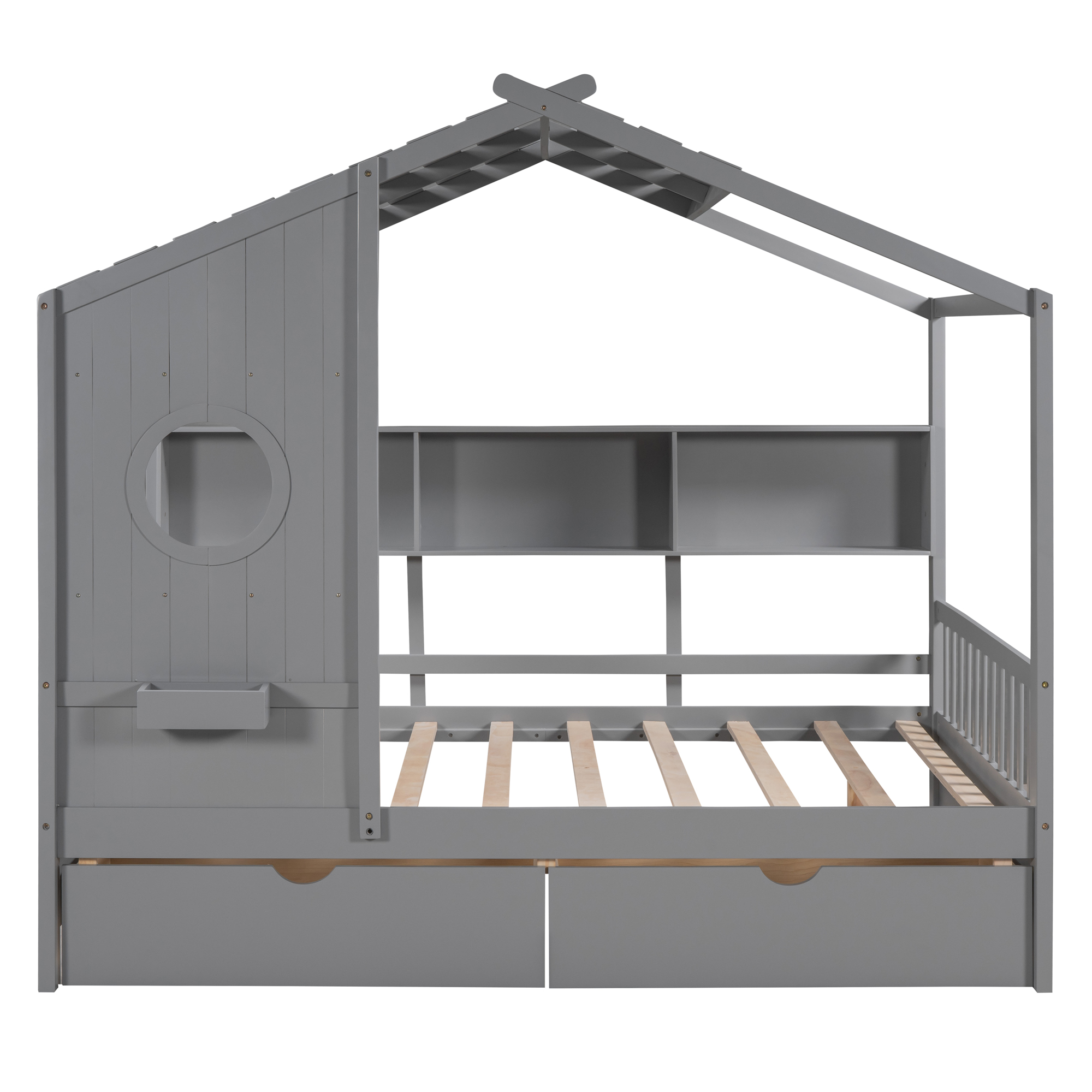 Wooden Full Size House Bed with 2 Drawers,Kids Bed with Storage Shelf, Gray(Old SKU: HL000052AAE) - Image 3