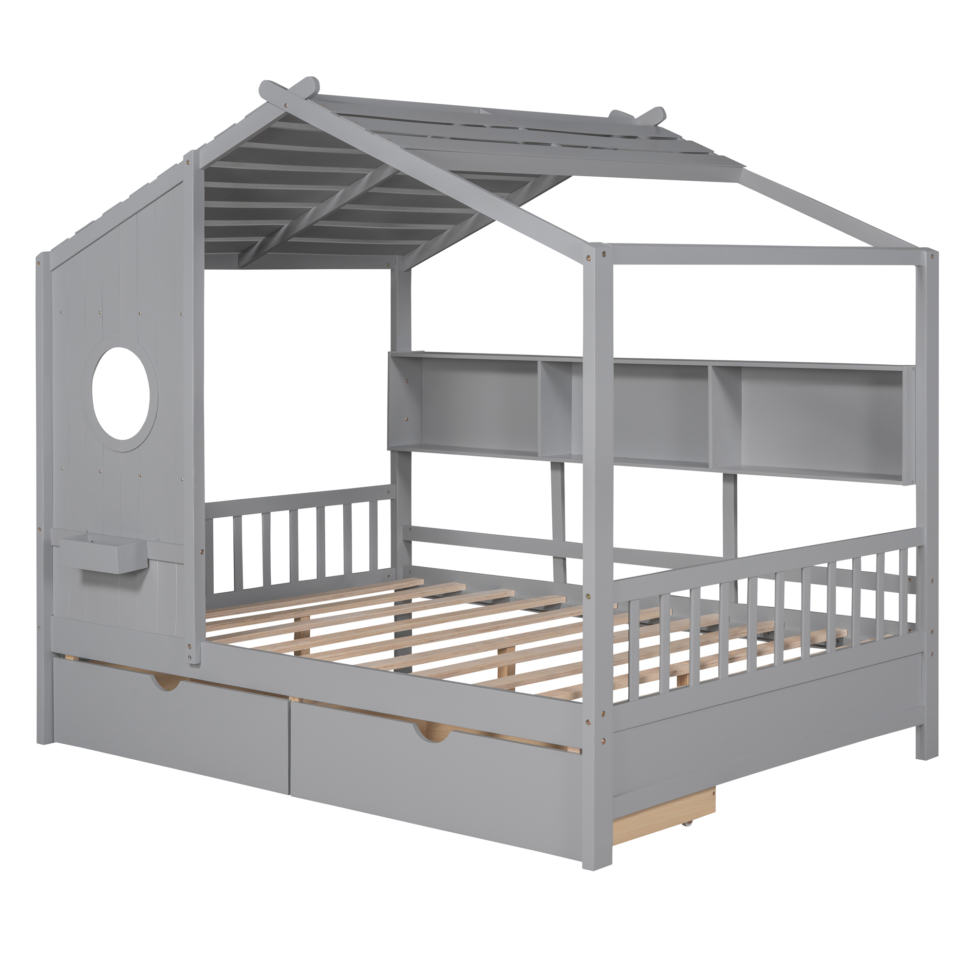 Wooden Full Size House Bed with 2 Drawers,Kids Bed with Storage Shelf, Gray(Old SKU: HL000052AAE) - Image 5