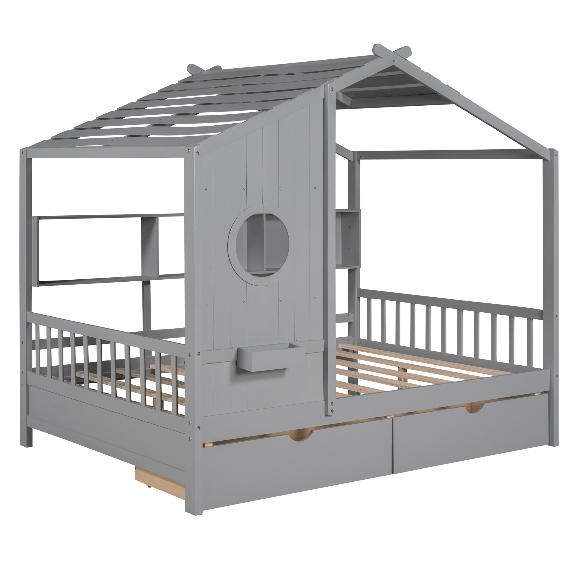 Wooden Full Size House Bed with 2 Drawers,Kids Bed with Storage Shelf, Gray(Old SKU: HL000052AAE) - Image 4