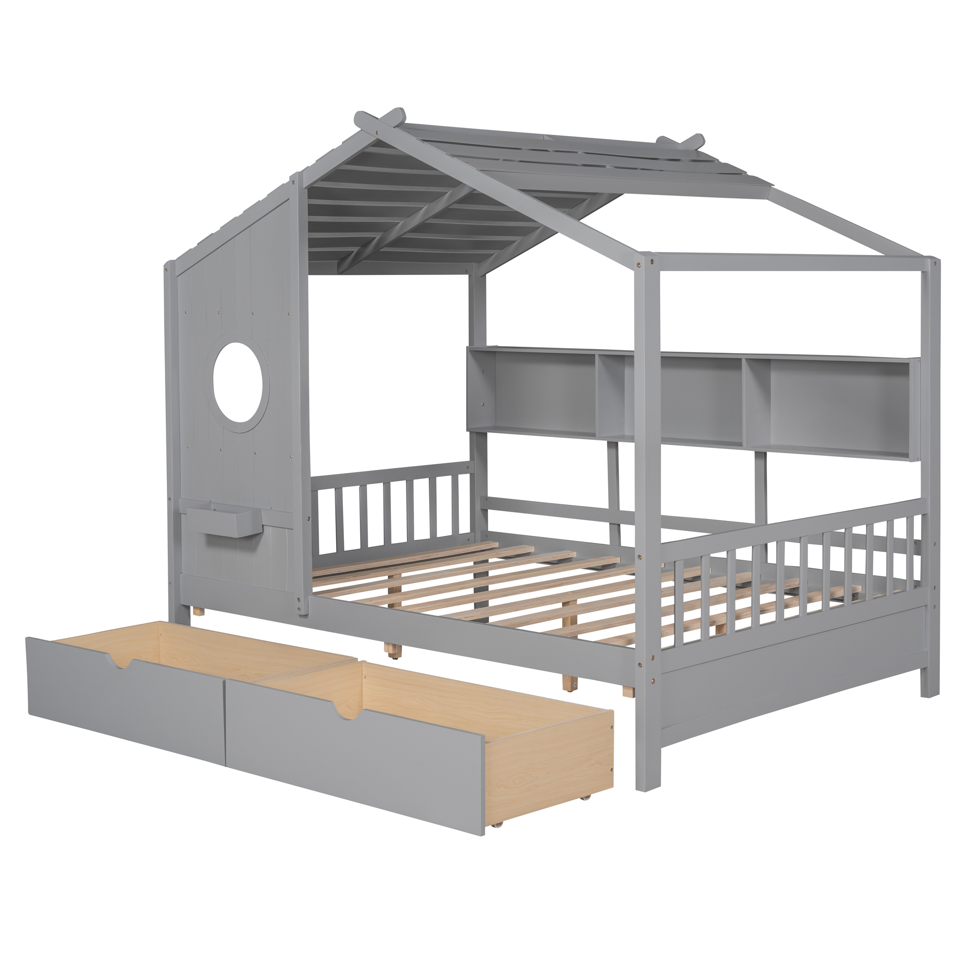Wooden Full Size House Bed with 2 Drawers,Kids Bed with Storage Shelf, Gray(Old SKU: HL000052AAE) - Image 6