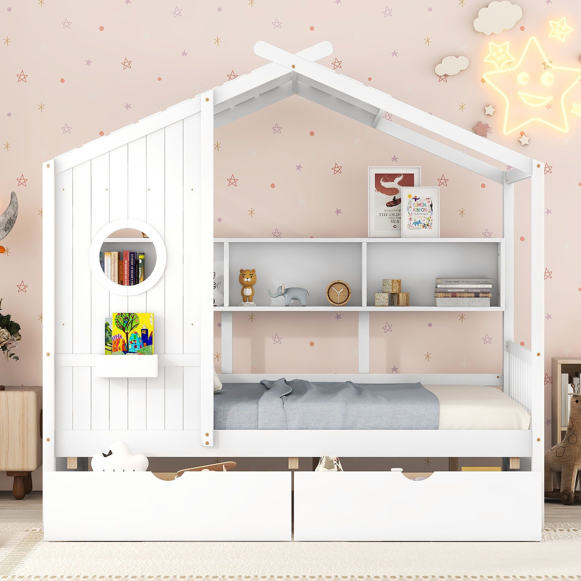 Wooden Full Size House Bed with 2 Drawers,Kids Bed with Storage Shelf, White(Old SKU: HL000052AAK) - Image 2