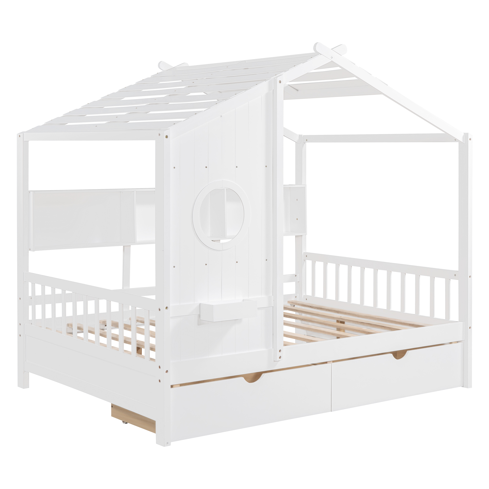 Wooden Full Size House Bed with 2 Drawers,Kids Bed with Storage Shelf, White(Old SKU: HL000052AAK) - Image 4