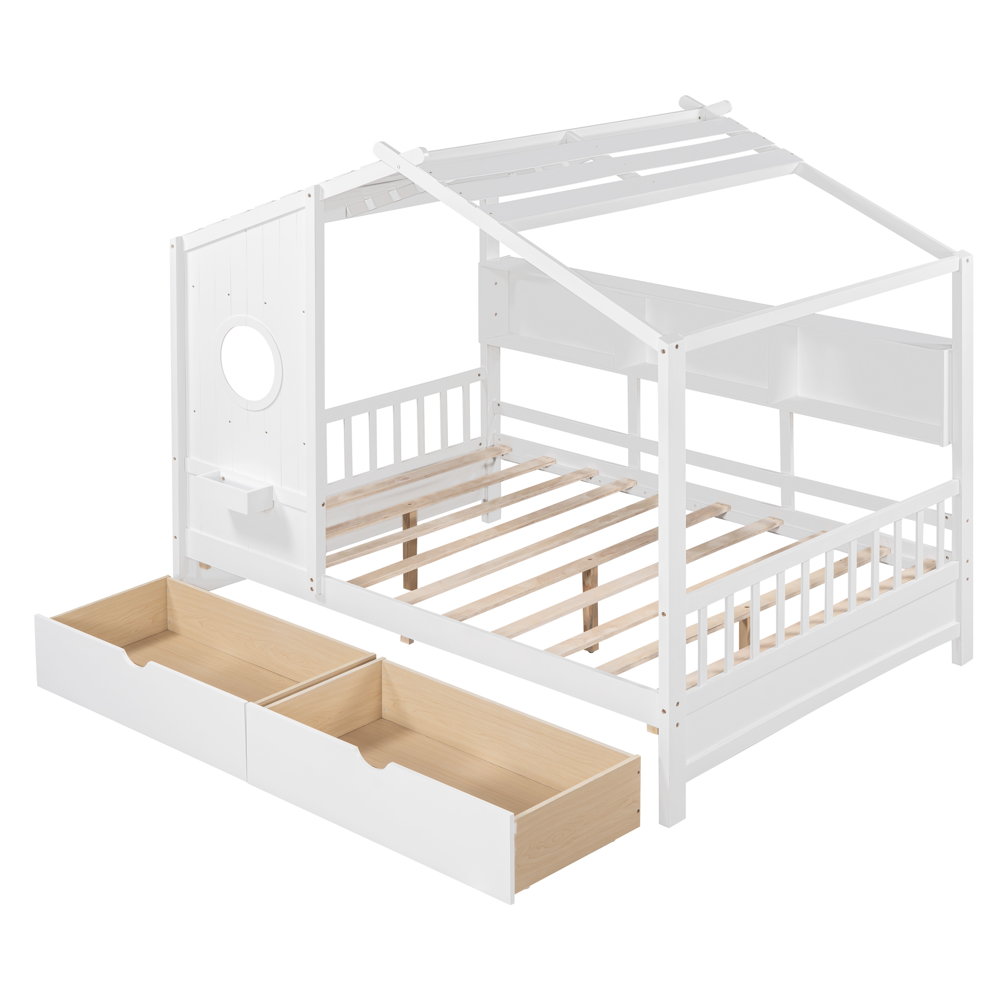 Wooden Full Size House Bed with 2 Drawers,Kids Bed with Storage Shelf, White(Old SKU: HL000052AAK) - Image 5