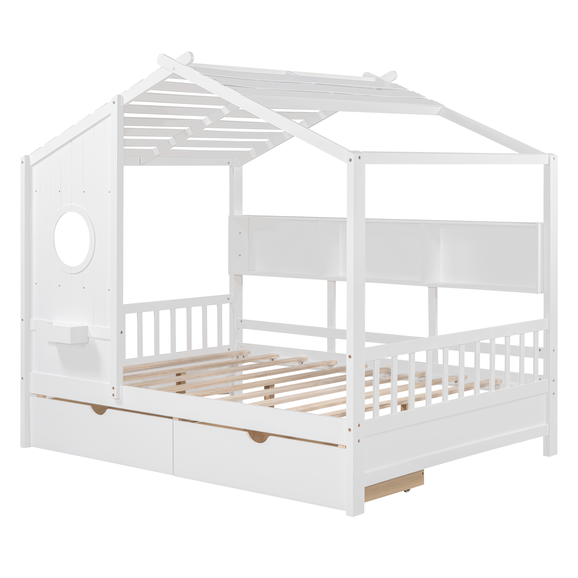 Wooden Full Size House Bed with 2 Drawers,Kids Bed with Storage Shelf, White(Old SKU: HL000052AAK) - Image 6