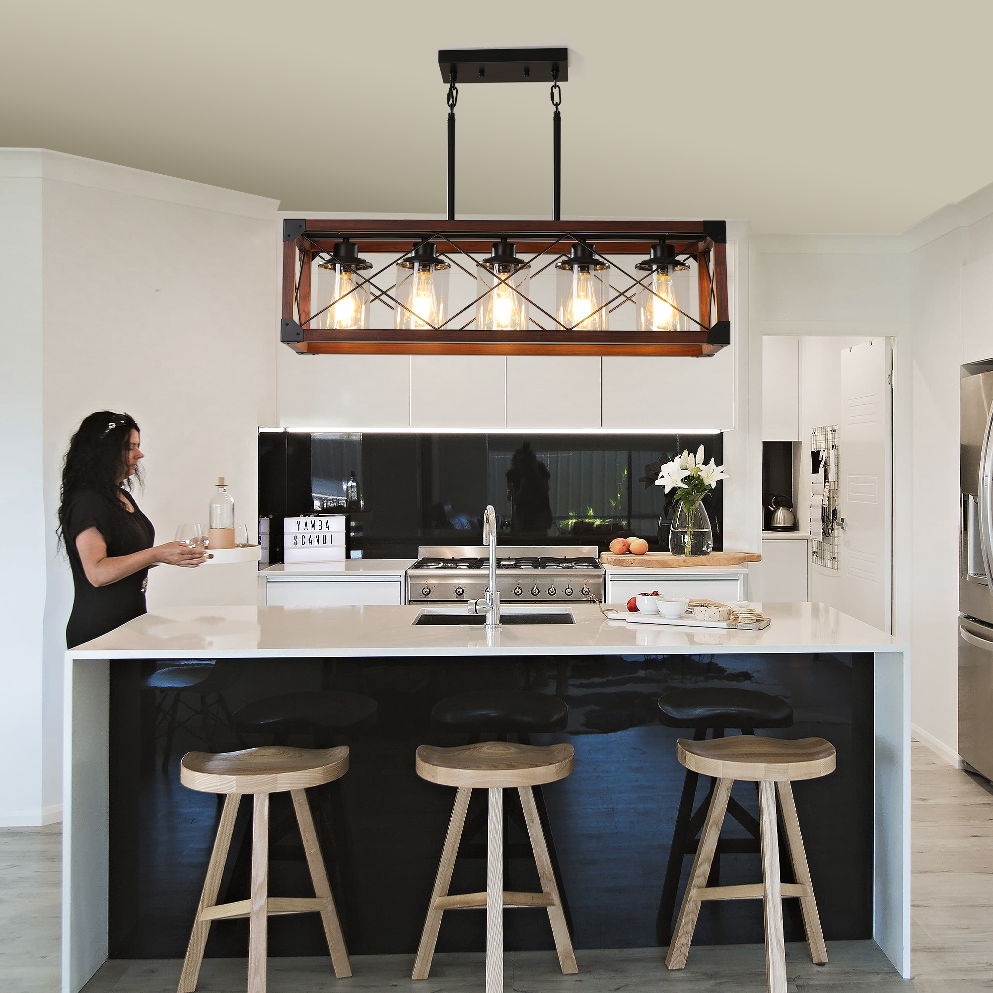 (Same as W1340P155971/L1011-RW-G) 32" Red Wood Industrial Farmhouse Rectangle Pendant Light, 5-Light Chandelier with Lampshade for Dining Room, Kitchen Island, Cafe Decor (No Bulbs) - Image 2