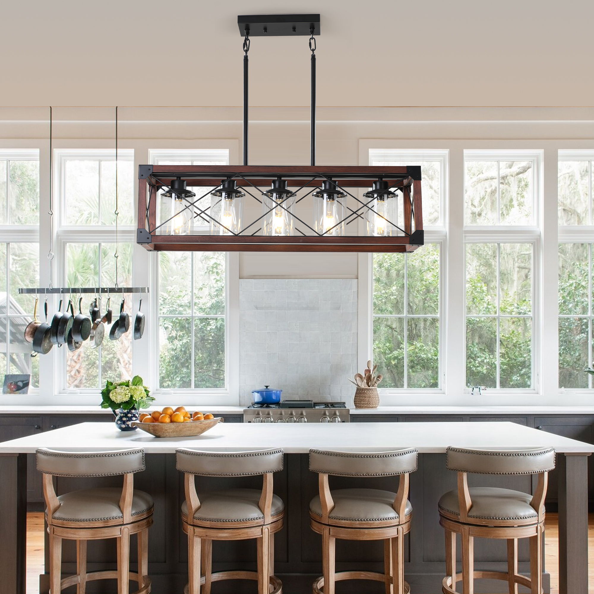 (Same as W1340P155971/L1011-RW-G) 32" Red Wood Industrial Farmhouse Rectangle Pendant Light, 5-Light Chandelier with Lampshade for Dining Room, Kitchen Island, Cafe Decor (No Bulbs) - Image 4