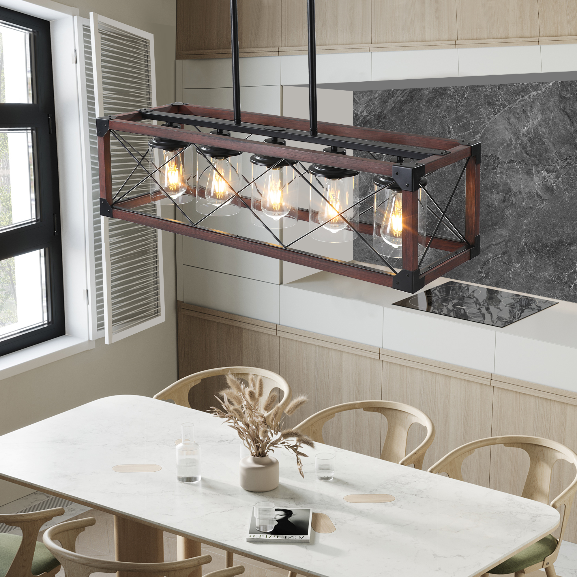 (Same as W1340P155971/L1011-RW-G) 32" Red Wood Industrial Farmhouse Rectangle Pendant Light, 5-Light Chandelier with Lampshade for Dining Room, Kitchen Island, Cafe Decor (No Bulbs) - Image 3