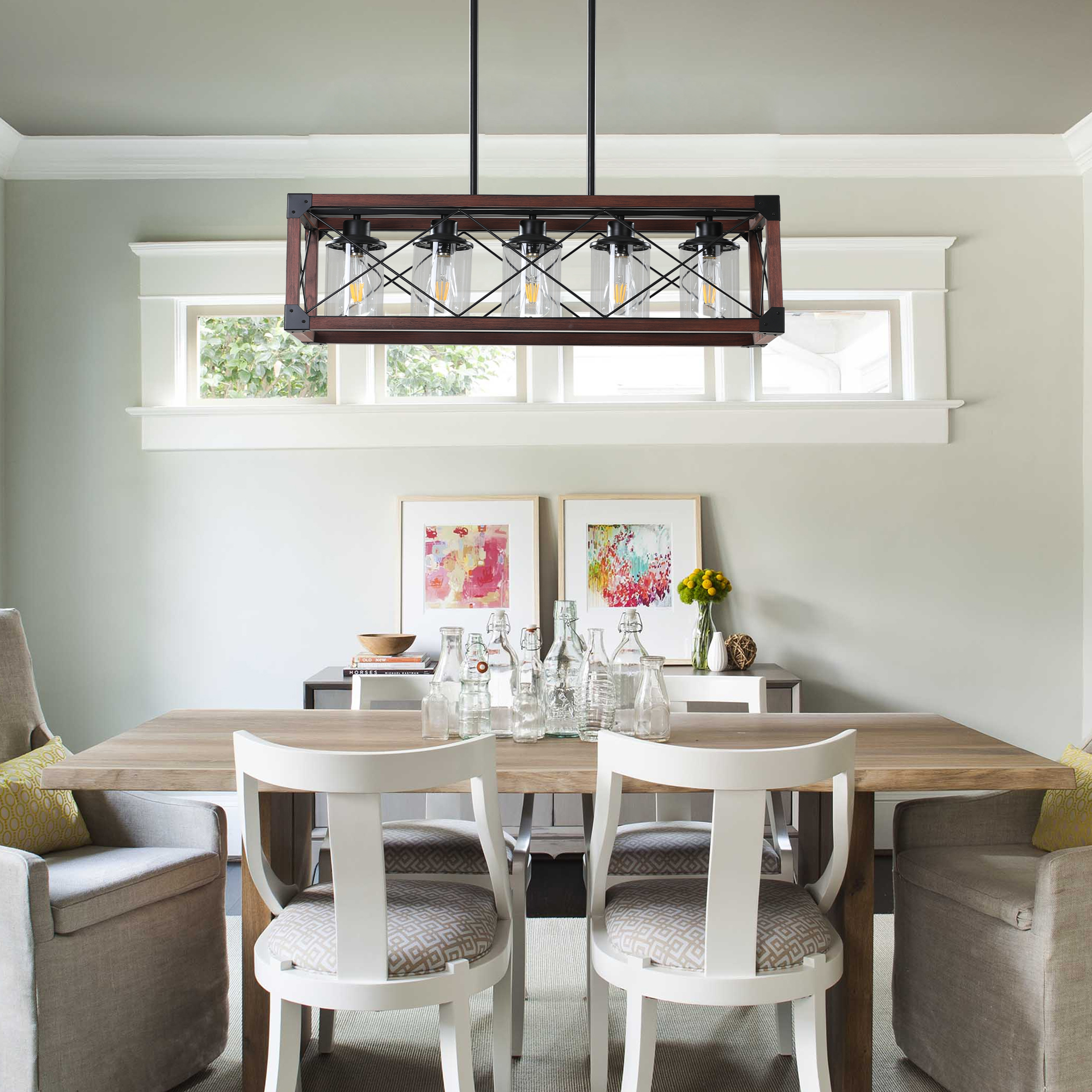 (Same as W1340P155971/L1011-RW-G) 32" Red Wood Industrial Farmhouse Rectangle Pendant Light, 5-Light Chandelier with Lampshade for Dining Room, Kitchen Island, Cafe Decor (No Bulbs) - Image 5