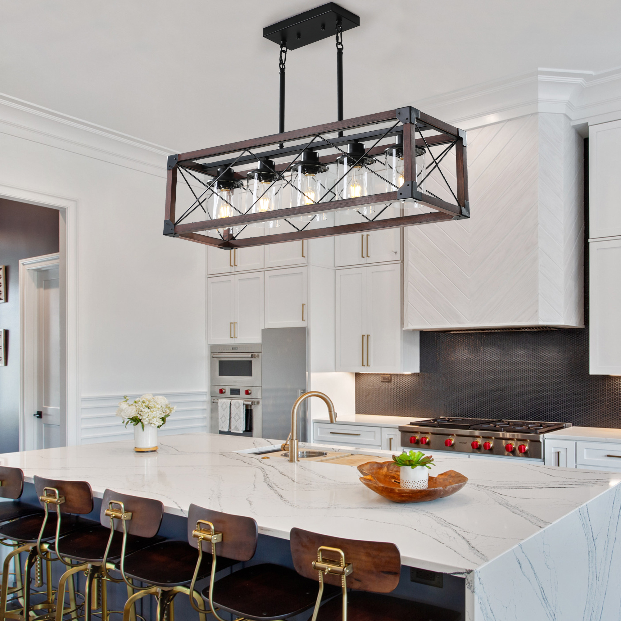 (Same as W1340P155971/L1011-RW-G) 32" Red Wood Industrial Farmhouse Rectangle Pendant Light, 5-Light Chandelier with Lampshade for Dining Room, Kitchen Island, Cafe Decor (No Bulbs) - Image 6