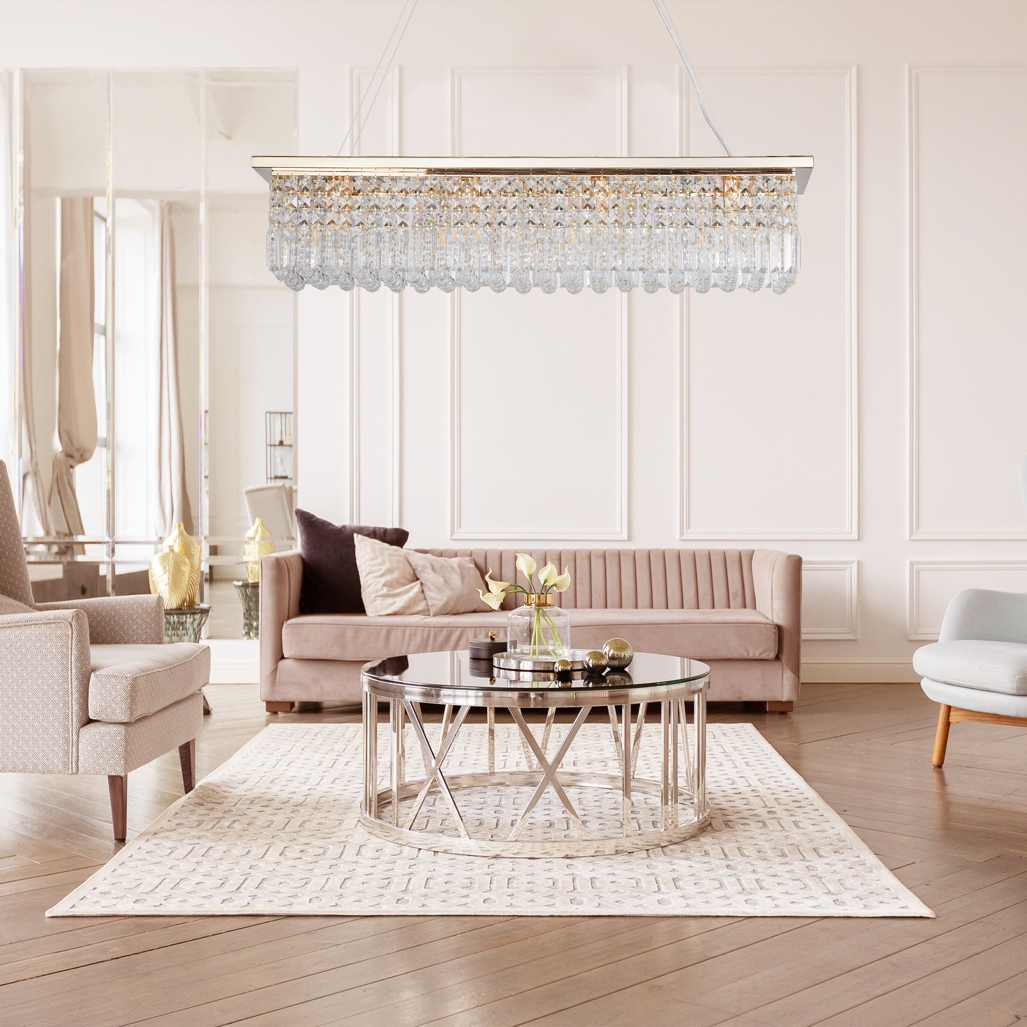 Modern Crystal Chandelier for Dining Room 8-Light Gold Rectangle Raindrop Chandelier Contemporary Rectangular Pendant Light Fixture for Kitchen Island Bar L39.4'' x W9.8'' x H8.7'(Bulb Not Included) - Image 2