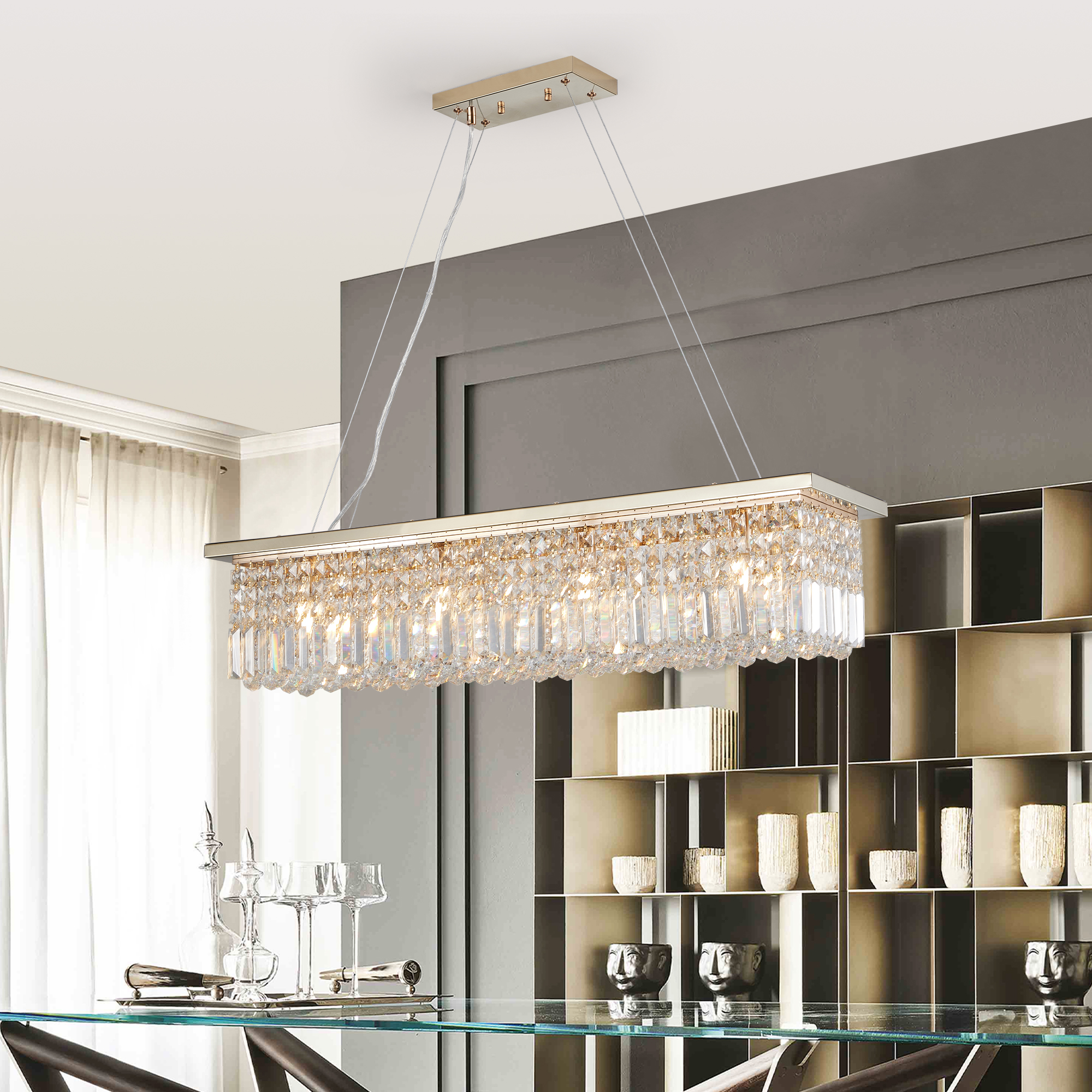 Modern Crystal Chandelier for Dining Room 8-Light Gold Rectangle Raindrop Chandelier Contemporary Rectangular Pendant Light Fixture for Kitchen Island Bar L39.4'' x W9.8'' x H8.7'(Bulb Not Included) - Image 3