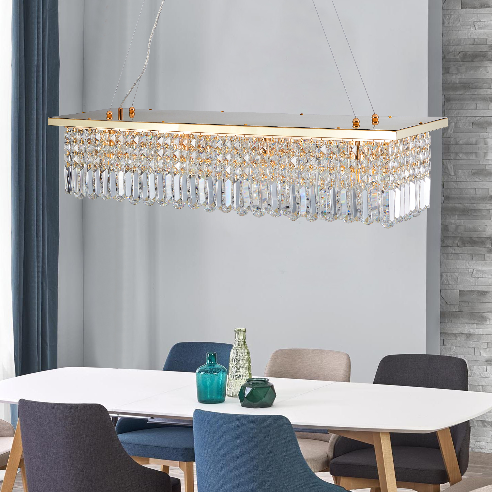 Modern Crystal Chandelier for Dining Room 8-Light Gold Rectangle Raindrop Chandelier Contemporary Rectangular Pendant Light Fixture for Kitchen Island Bar L39.4'' x W9.8'' x H8.7'(Bulb Not Included) - Image 4