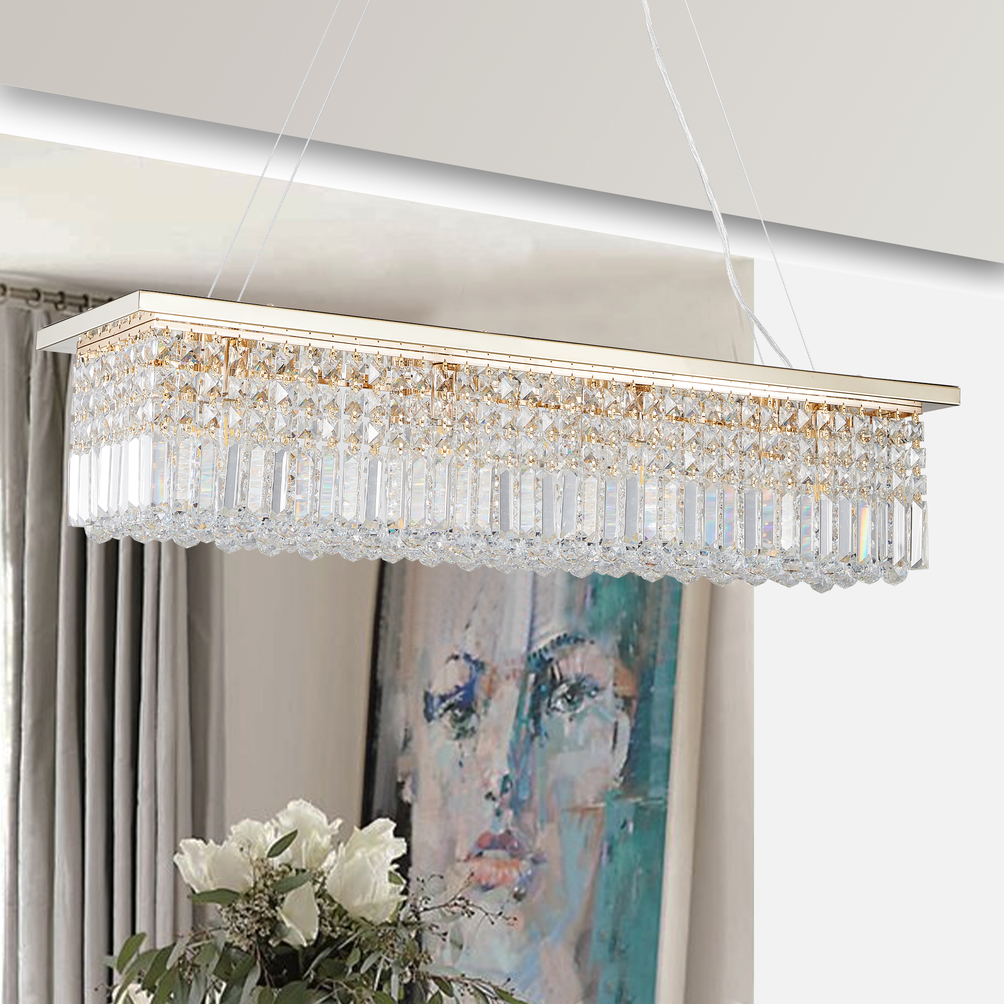 Modern Crystal Chandelier for Dining Room 8-Light Gold Rectangle Raindrop Chandelier Contemporary Rectangular Pendant Light Fixture for Kitchen Island Bar L39.4'' x W9.8'' x H8.7'(Bulb Not Included) - Image 5